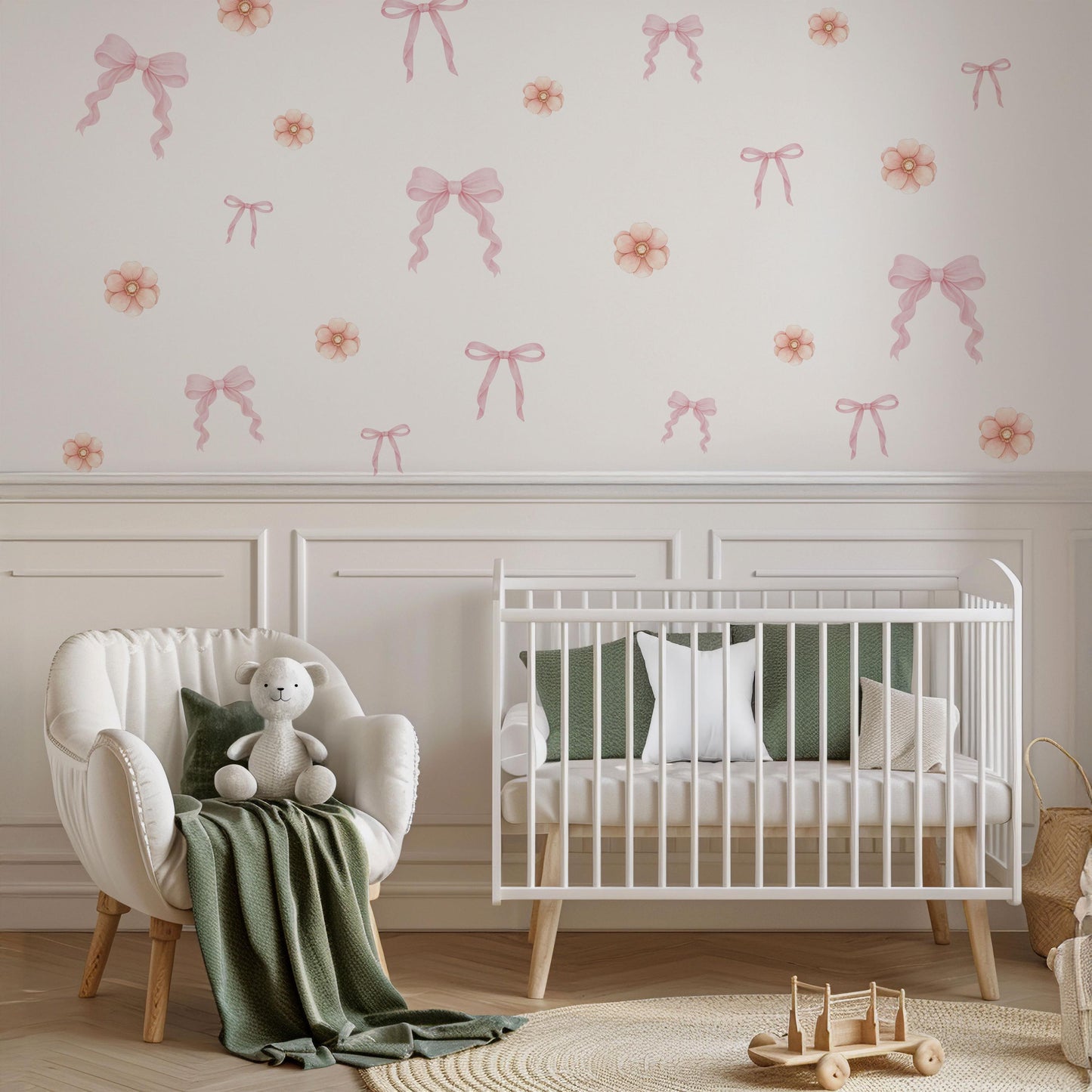 Pink Bow & Floral Wall Stickers, Coquette Nursery Decor, Baby Girl Room Decals, Peel and Stick Nursery Wall Art, Soft Pink Flower Decals