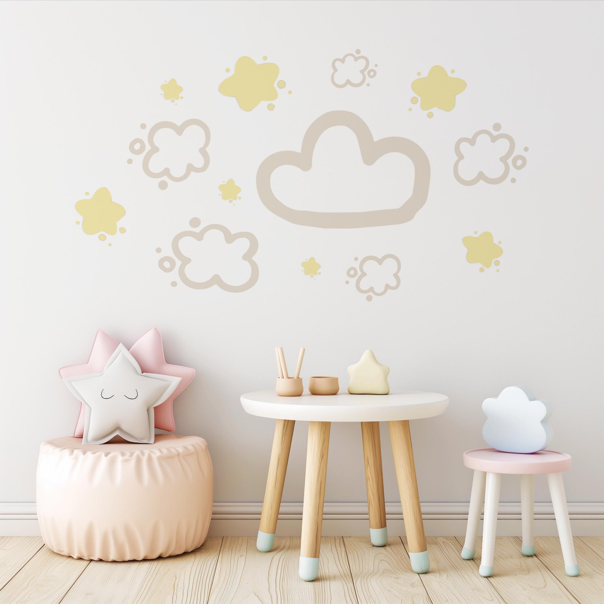 Cloud & Star Wall Stickers, Neutral Nursery Decor, Beige Nursery Wall Decals, Boho Baby Room Stickers, Peel and Stick Cloud Nursery