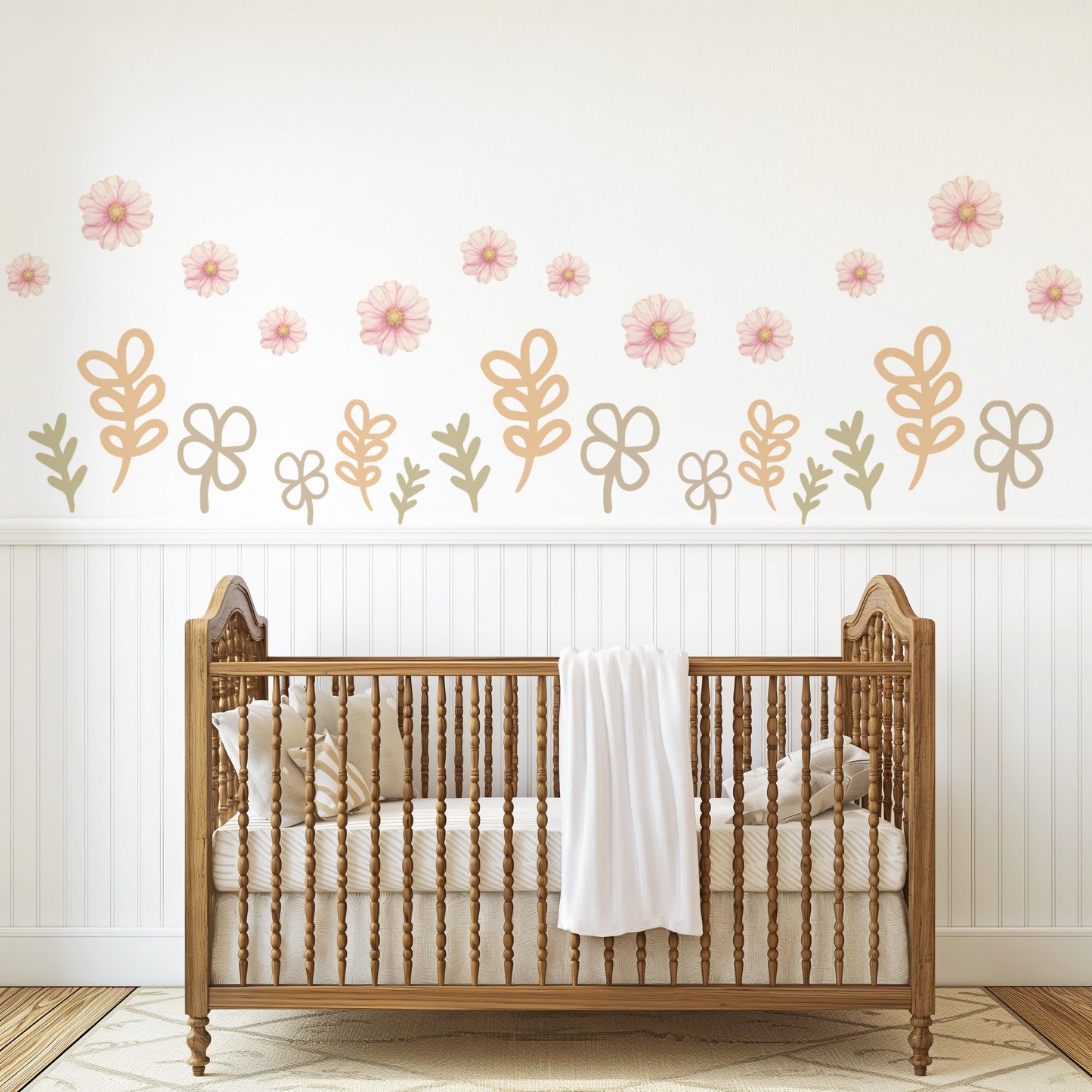 Boho Floral Wall Stickers, Neutral Nursery Decor, Flower Nursery Wall Decals, Beige Botanical Nursery, Peel and Stick Baby Room Decor