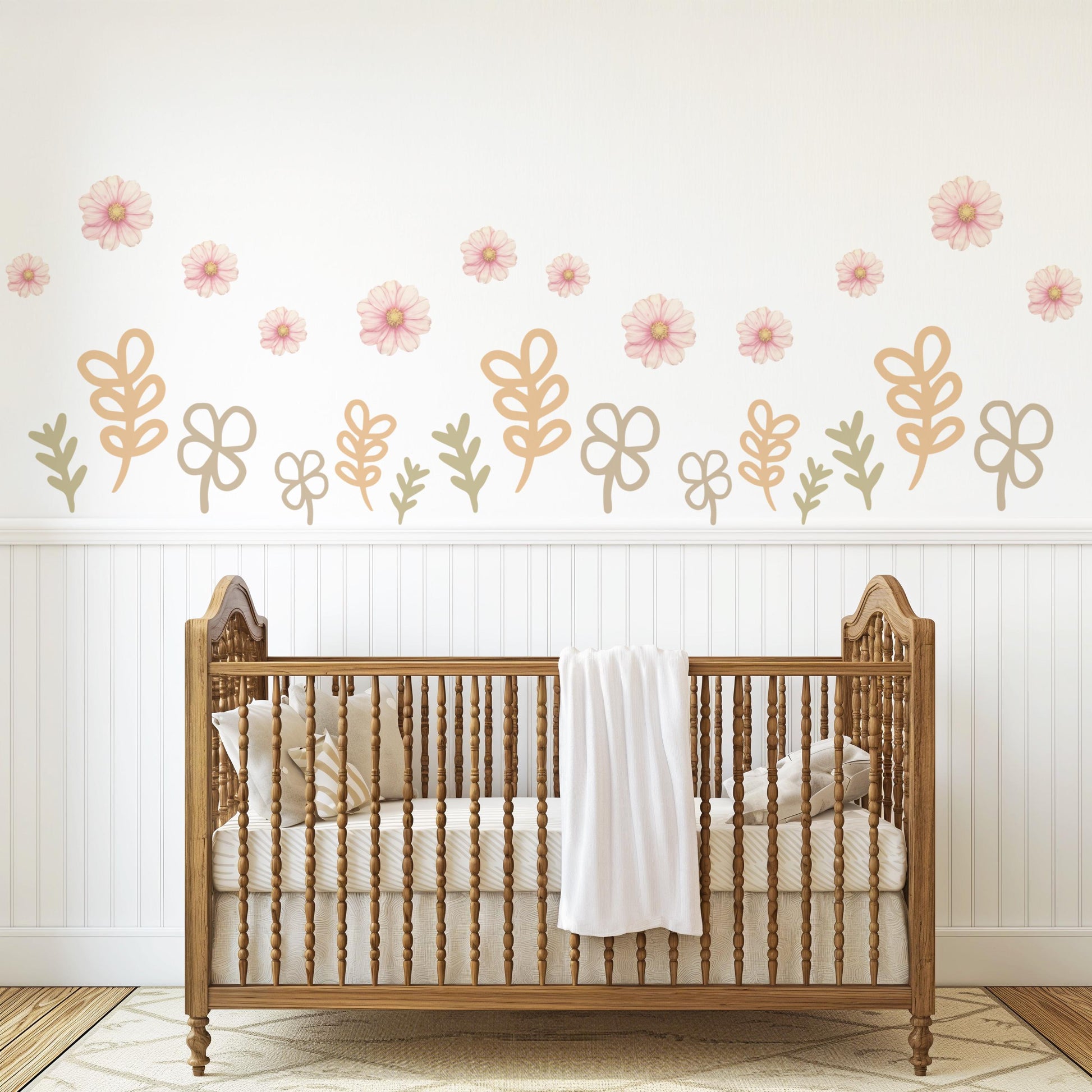 Boho Floral Wall Stickers, Neutral Nursery Decor, Flower Nursery Wall Decals, Beige Botanical Nursery, Peel and Stick Baby Room Decor