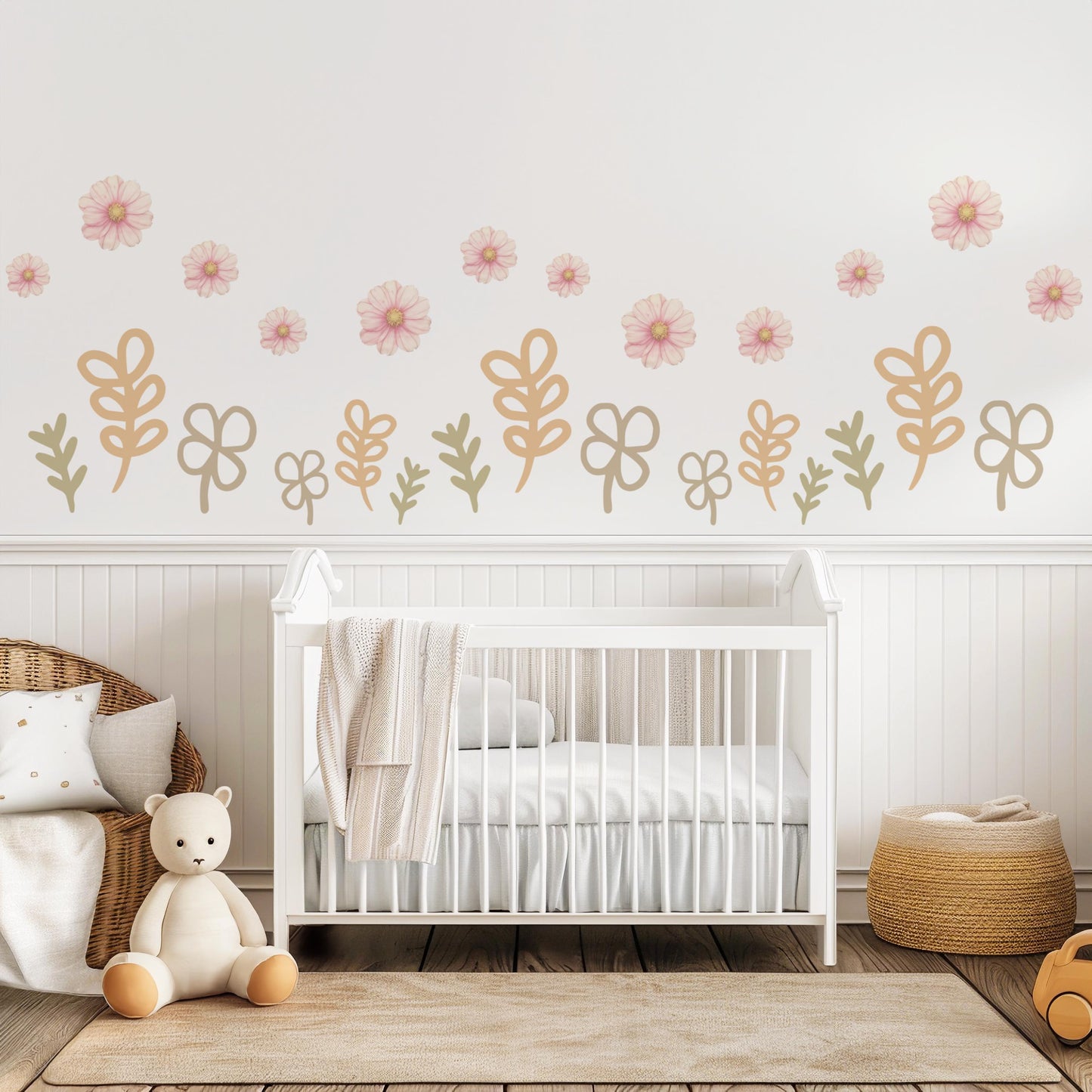 Boho Floral Wall Stickers, Neutral Nursery Decor, Flower Nursery Wall Decals, Beige Botanical Nursery, Peel and Stick Baby Room Decor