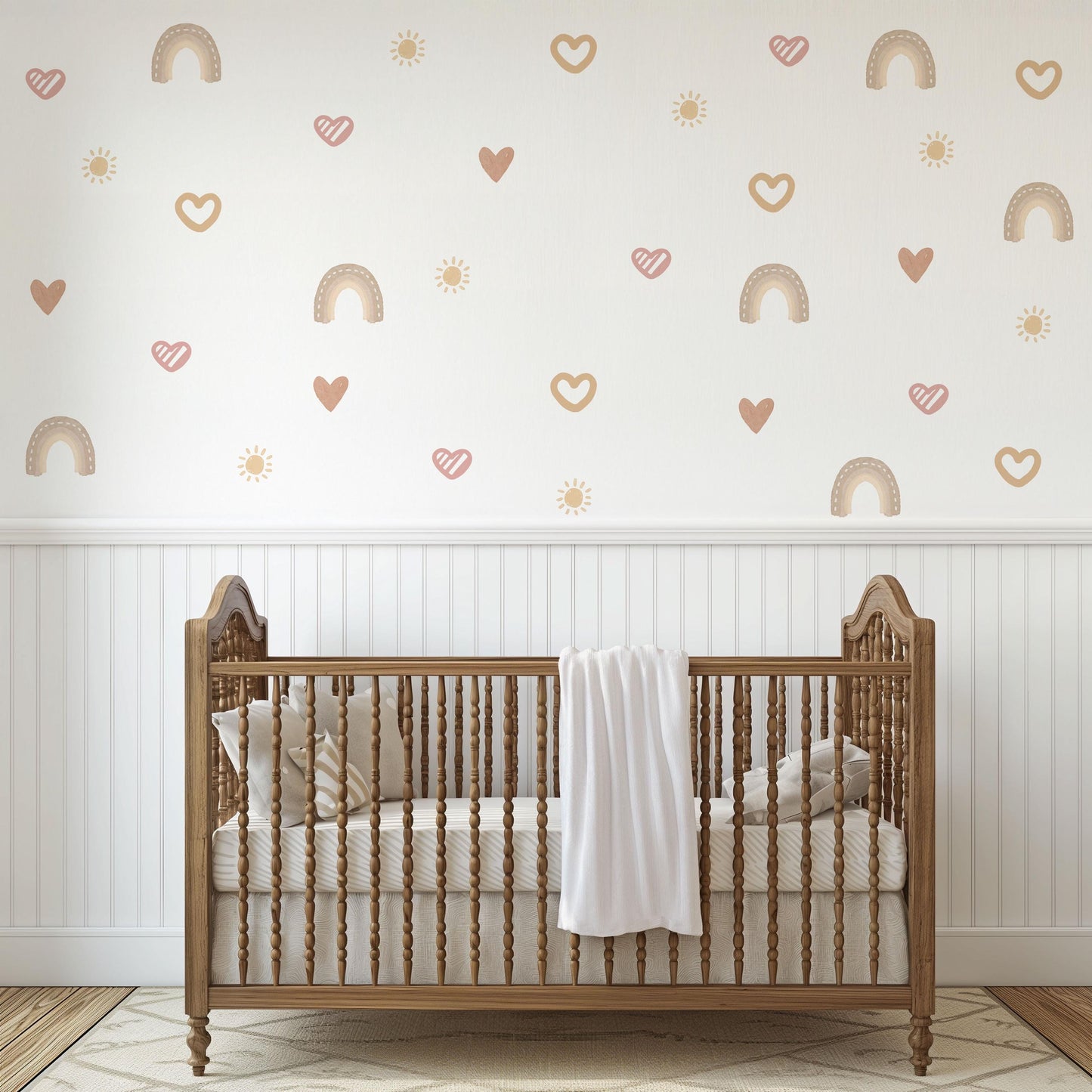 Boho Rainbow Heart Wall Decals for Nursery, Neutral Baby Room Stickers, Pink Beige Nursery Decor, Peel and Stick Kids Wall Art