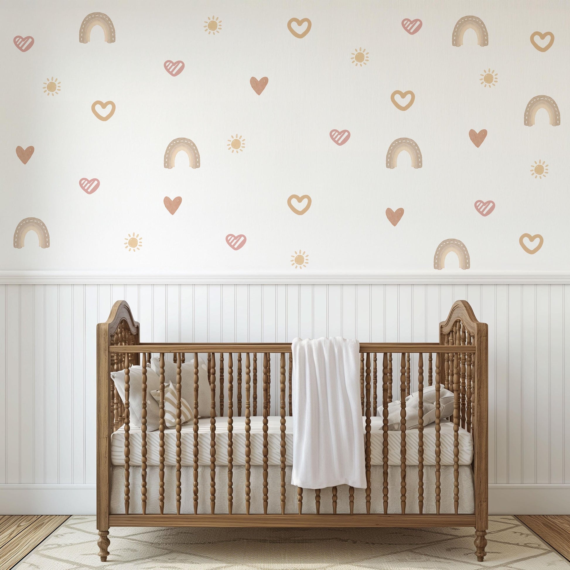 Boho Rainbow Heart Wall Decals for Nursery, Neutral Baby Room Stickers, Pink Beige Nursery Decor, Peel and Stick Kids Wall Art