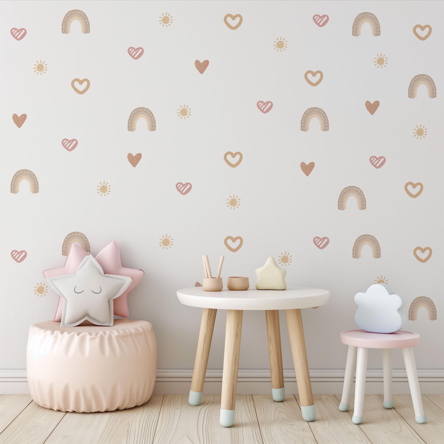 Boho Rainbow Heart Wall Decals for Nursery, Neutral Baby Room Stickers, Pink Beige Nursery Decor, Peel and Stick Kids Wall Art