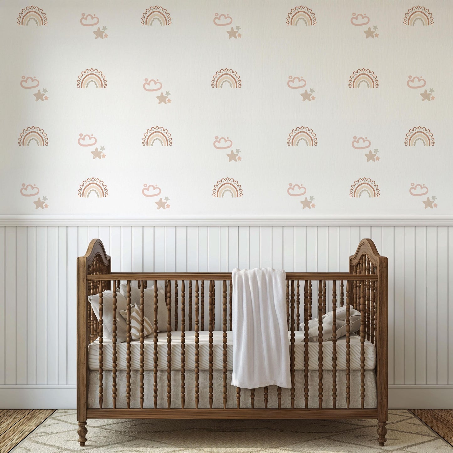 Boho Rainbow Wall Decals for Nursery, Neutral Nursery Wall Stickers, Pink Beige Rainbow Nursery Decor, Cloud Star Baby Room Decals