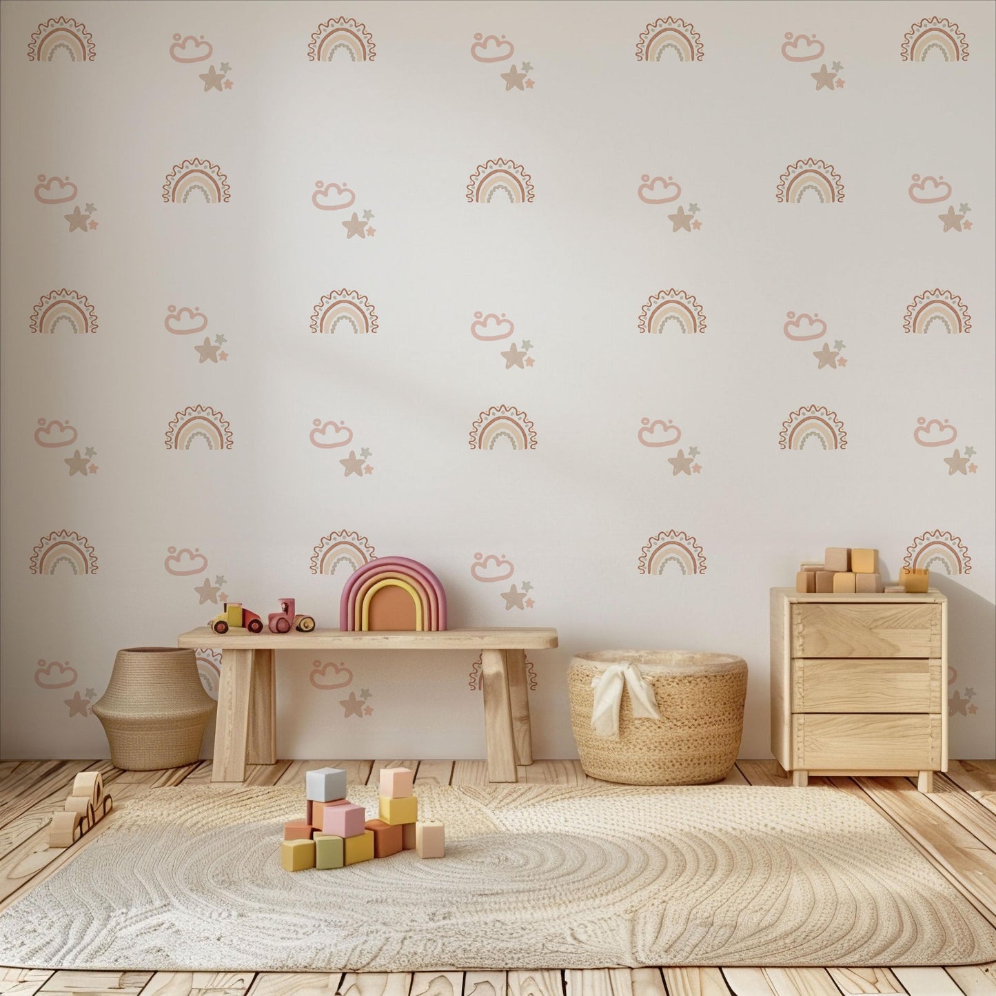 Boho Rainbow Wall Decals for Nursery, Neutral Nursery Wall Stickers, Pink Beige Rainbow Nursery Decor, Cloud Star Baby Room Decals