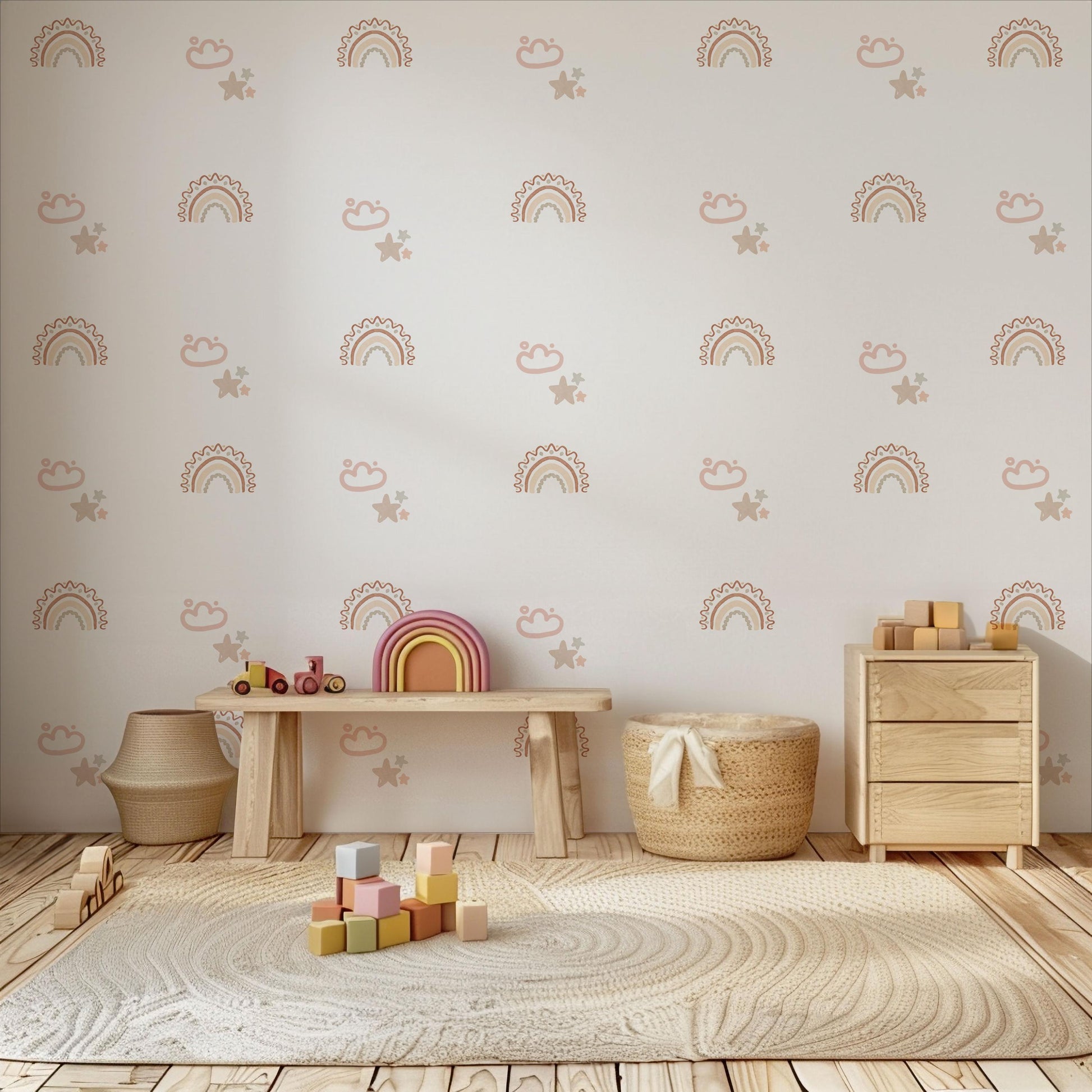 Boho Rainbow Wall Decals for Nursery, Neutral Nursery Wall Stickers, Pink Beige Rainbow Nursery Decor, Cloud Star Baby Room Decals