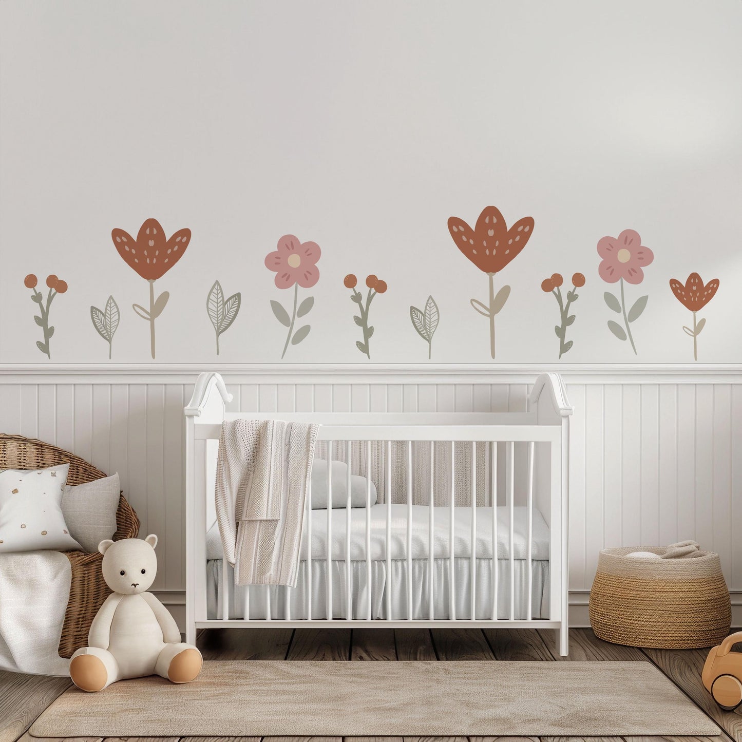 Boho Flower Wall Stickers for Nursery, Floral Nursery Wall Decals, Neutral Baby Room Decor, Retro Flower Peel and Stick Decals