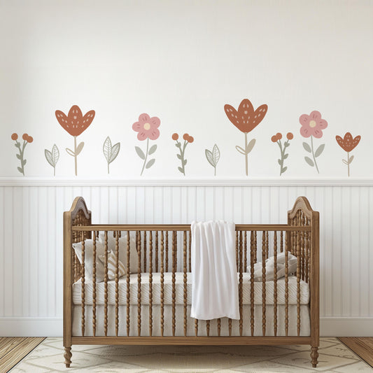 Boho Flower Wall Stickers for Nursery, Floral Nursery Wall Decals, Neutral Baby Room Decor, Retro Flower Peel and Stick Decals