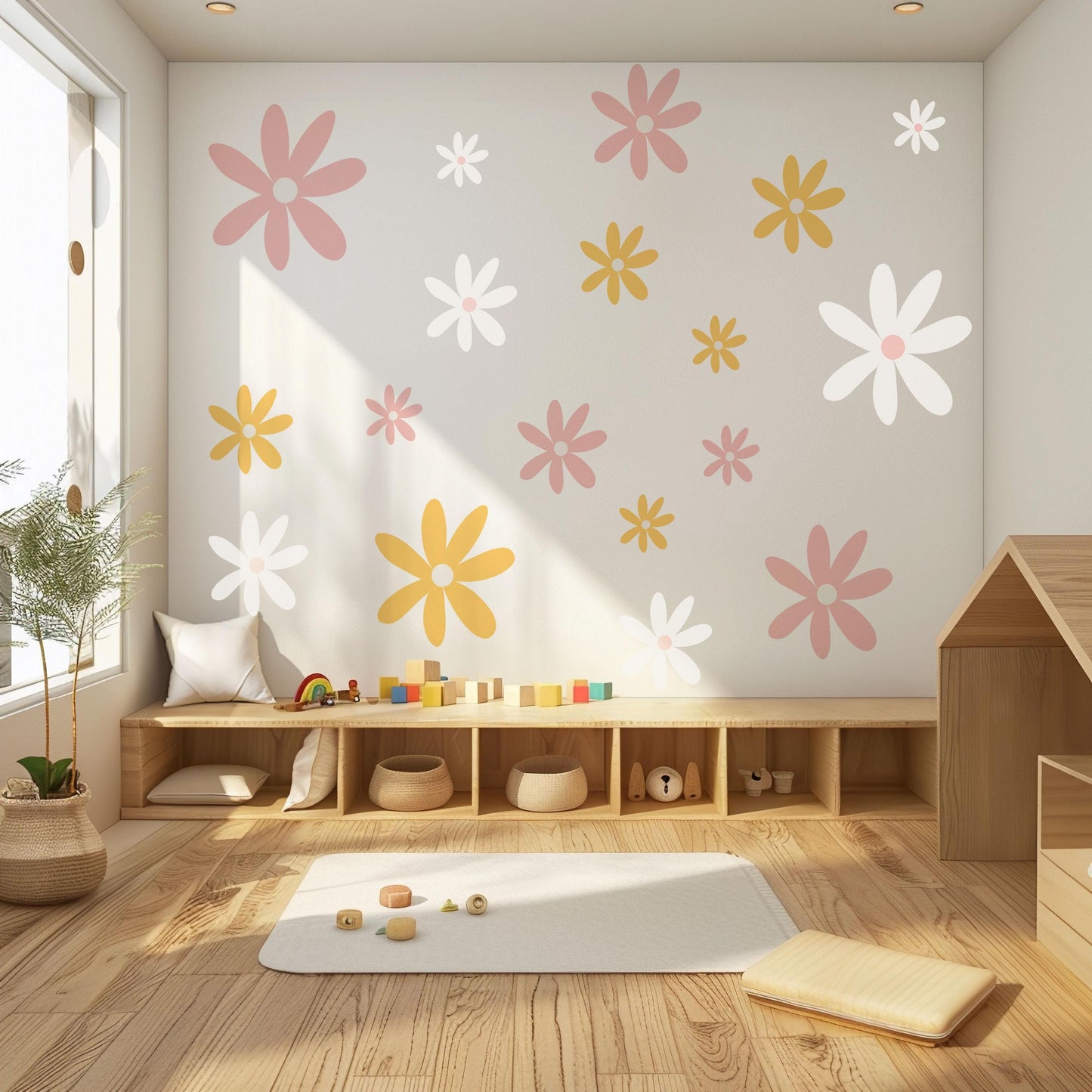 Pastel Flower Wall Decals for Girls Bedroom, Daisy Nursery Wall Stickers, Boho Flower Decor, Peel and Stick Floral Wall Art