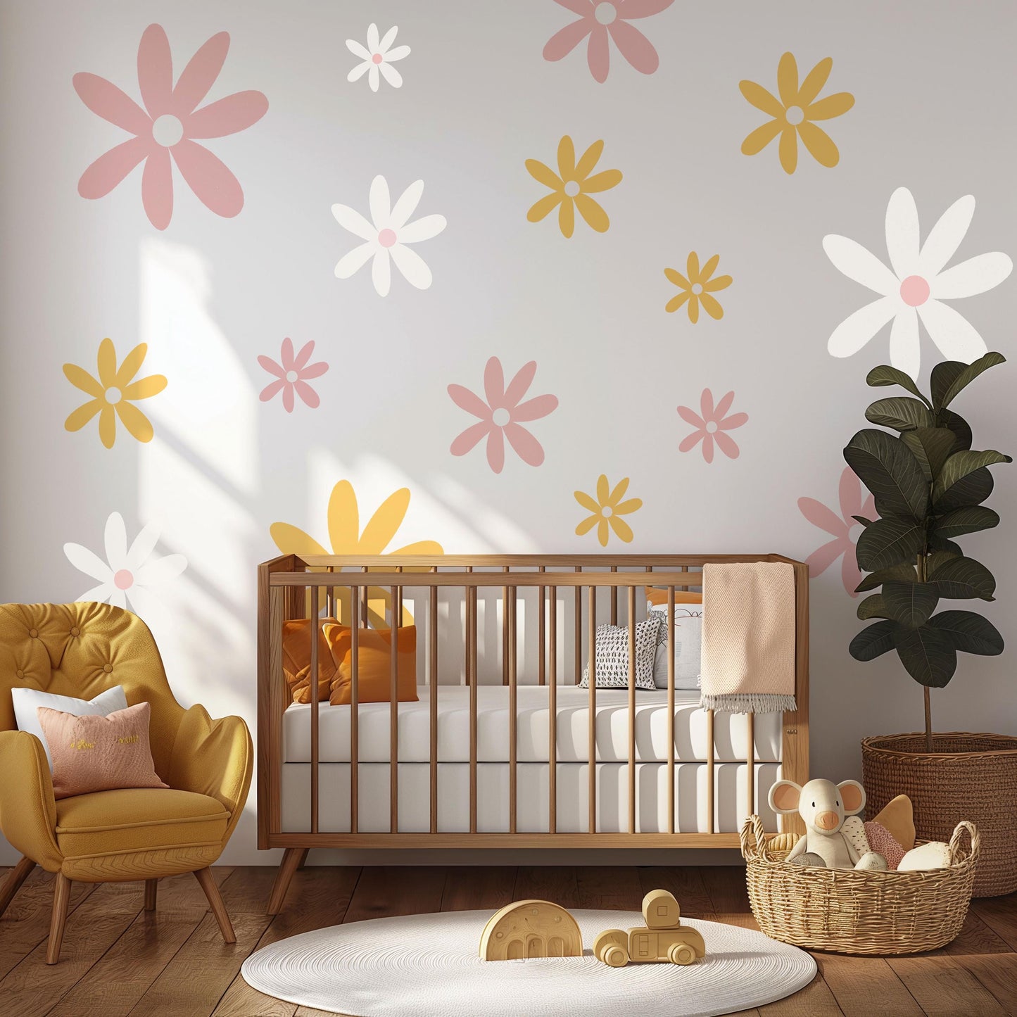 Pastel Flower Wall Decals for Girls Bedroom, Daisy Nursery Wall Stickers, Boho Flower Decor, Peel and Stick Floral Wall Art