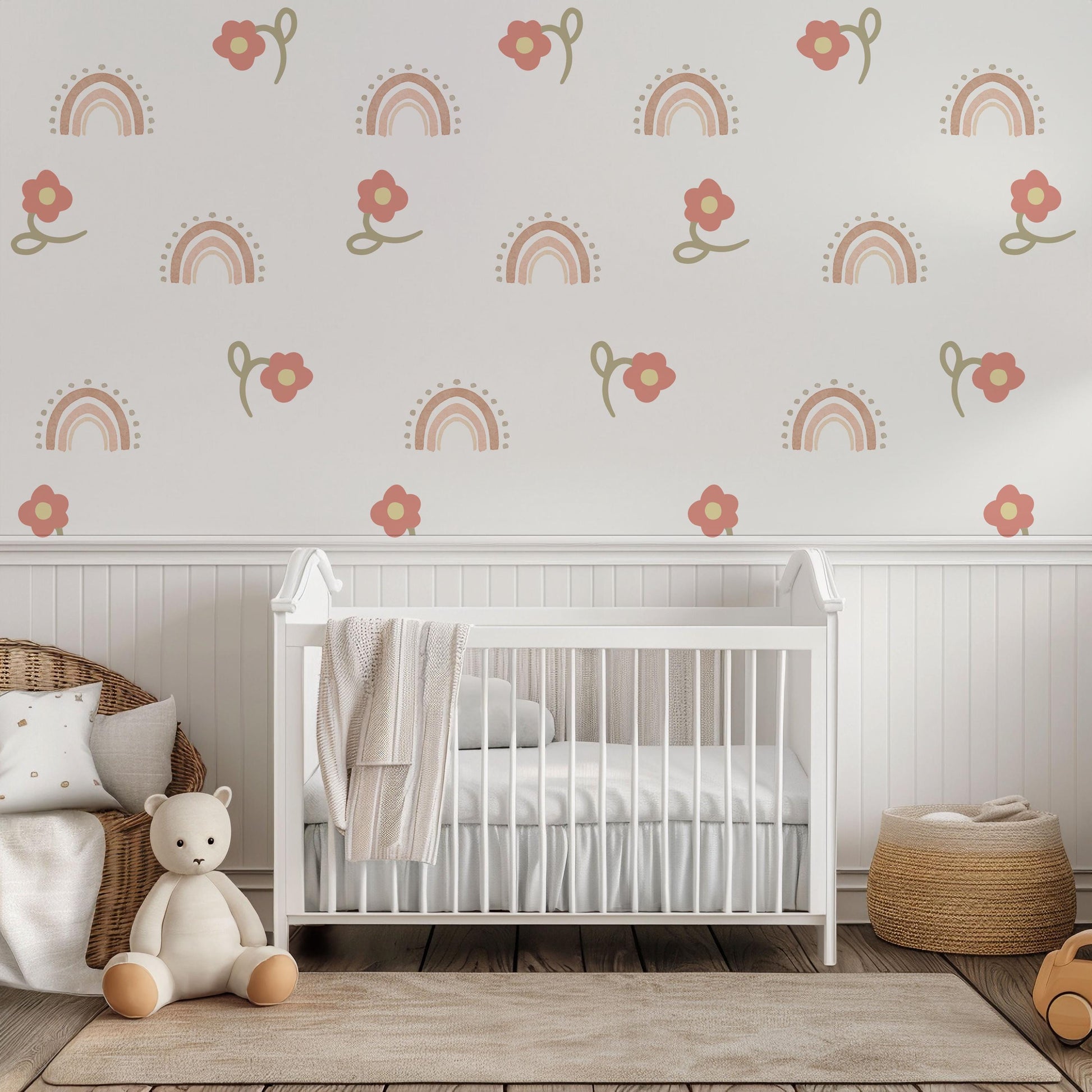 Boho Rainbow Flower Wall Decals, Neutral Nursery Wall Stickers, Pink Floral Nursery Decor, Baby Girl Room Decor, Peel And Stick Wall Art