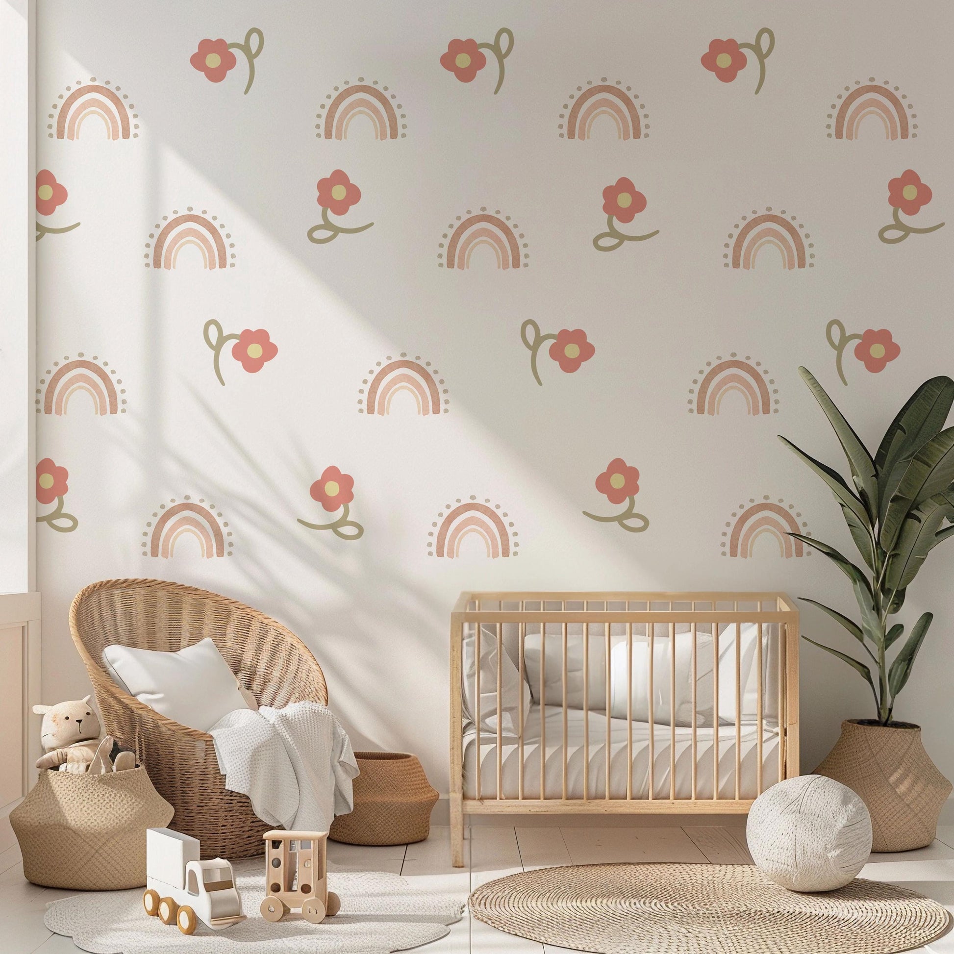Boho Rainbow Flower Wall Decals, Neutral Nursery Wall Stickers, Pink Floral Nursery Decor, Baby Girl Room Decor, Peel And Stick Wall Art
