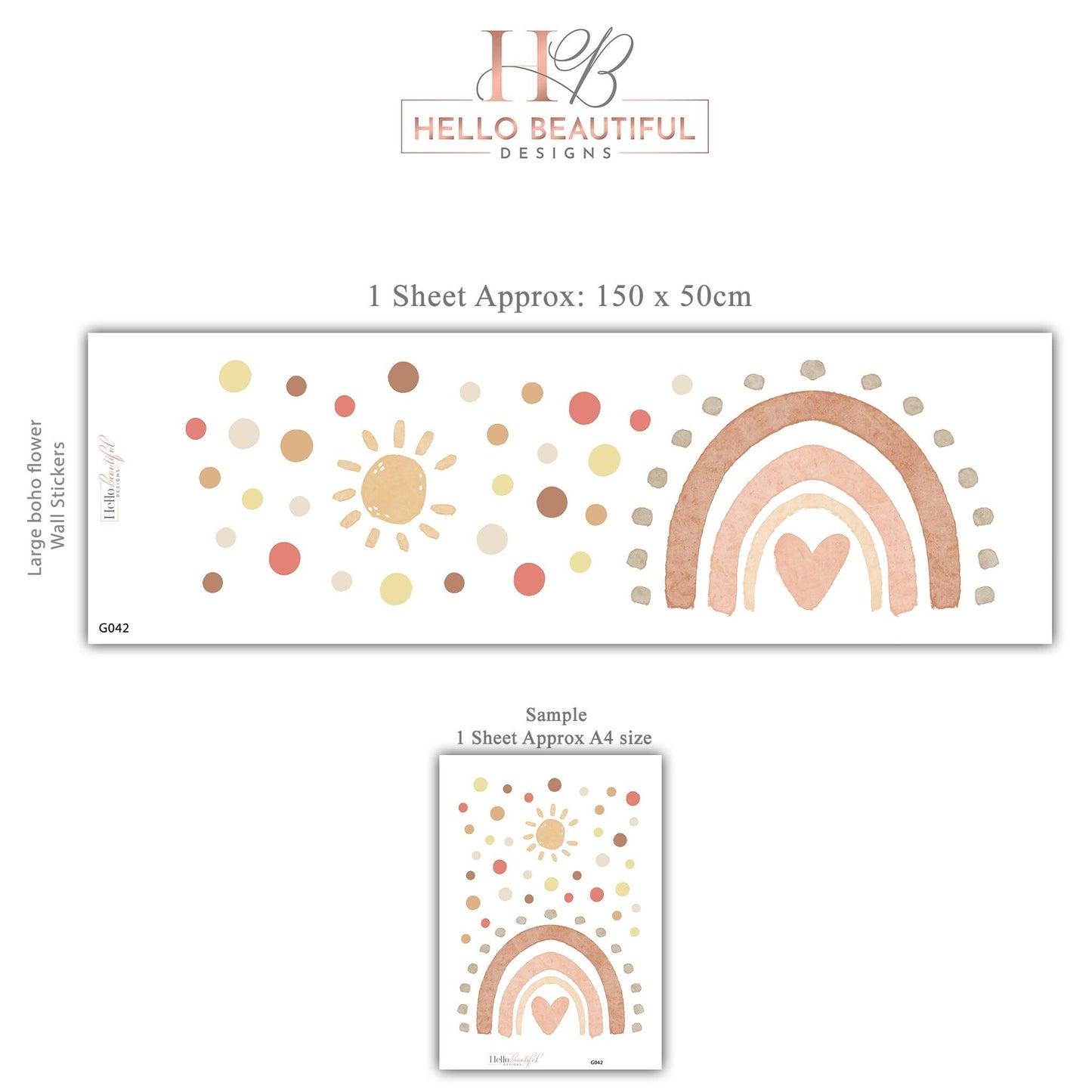 Boho Rainbow Wall Stickers Nursery Decor | Hand-Painted Sun, Dots (Peel and Stick)