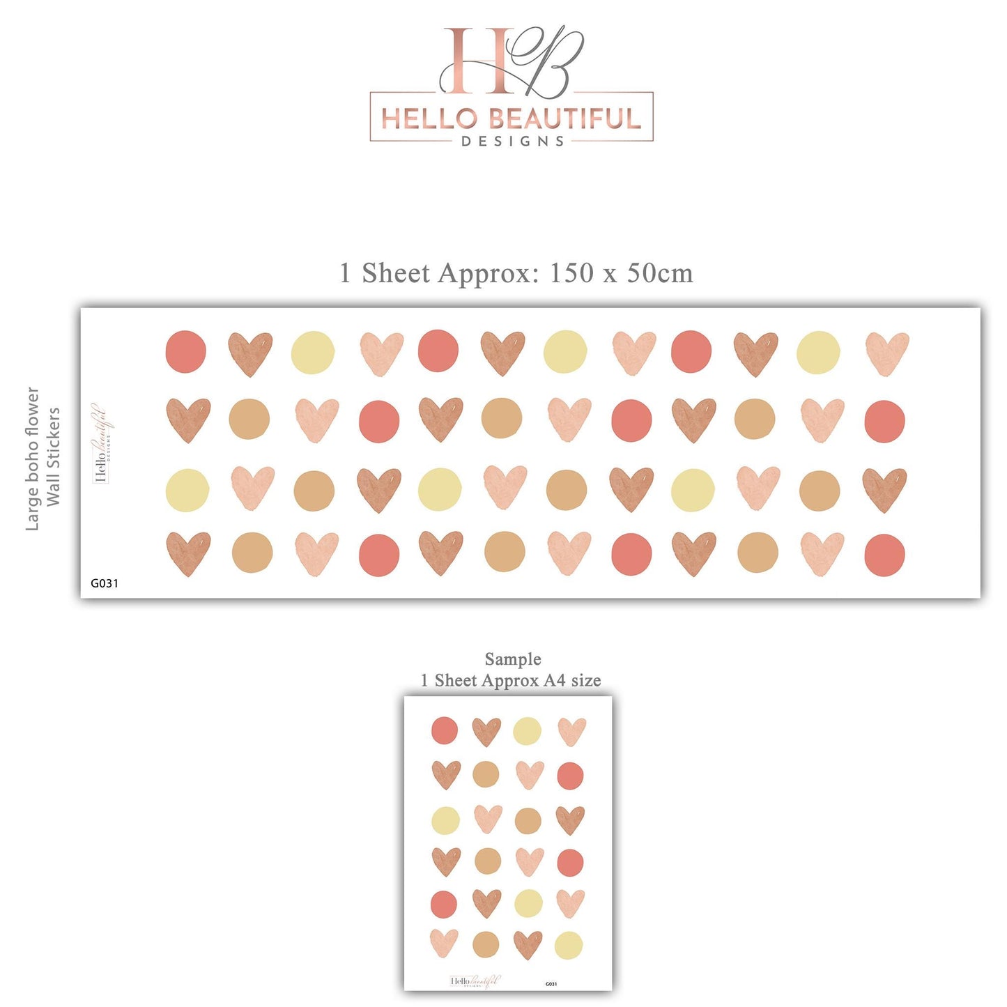 Boho Heart Wall Decals, Neutral Nursery Wall Stickers, Beige Pink Polka Dot Decals, Girls Bedroom Decor, Peel and Stick Hearts