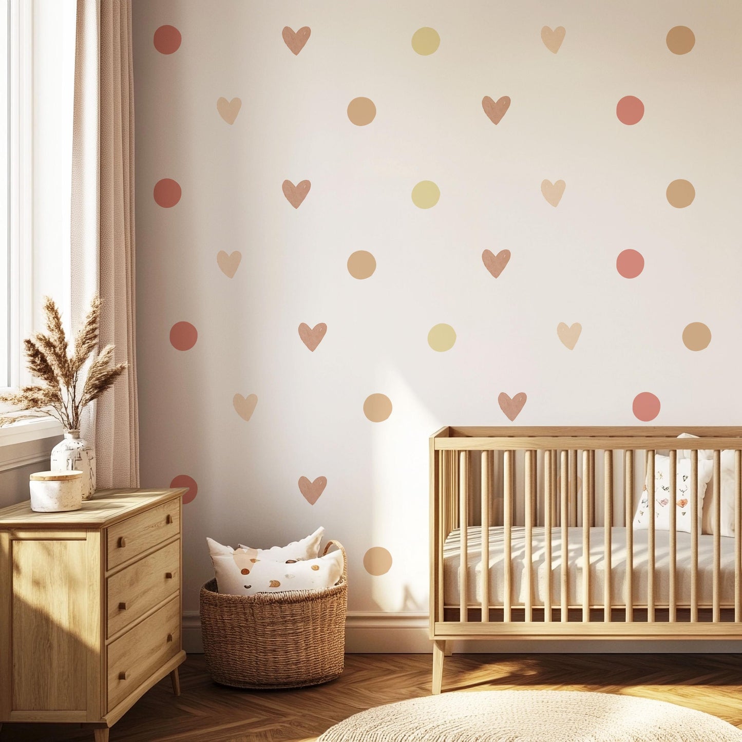 Boho Heart Wall Decals, Neutral Nursery Wall Stickers, Beige Pink Polka Dot Decals, Girls Bedroom Decor, Peel and Stick Hearts