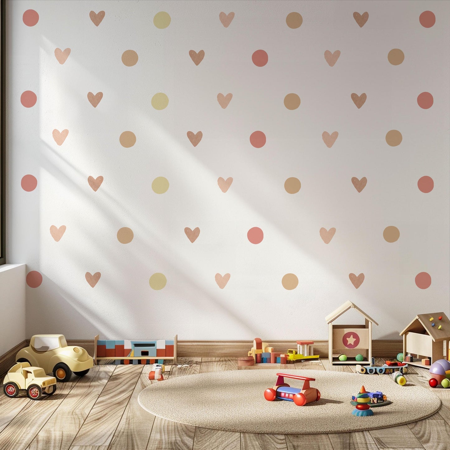 Boho Heart Wall Decals, Neutral Nursery Wall Stickers, Beige Pink Polka Dot Decals, Girls Bedroom Decor, Peel and Stick Hearts