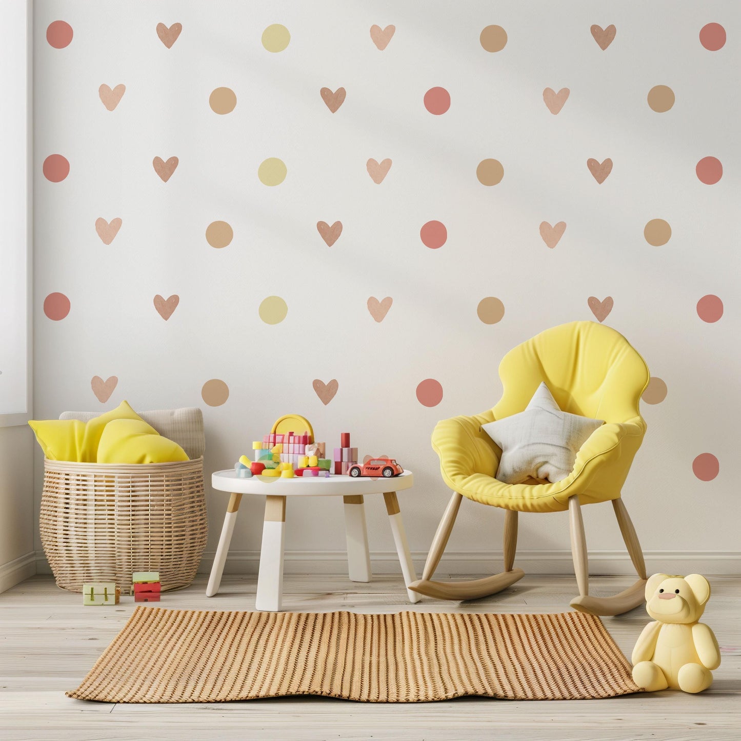 Boho Heart Wall Decals, Neutral Nursery Wall Stickers, Beige Pink Polka Dot Decals, Girls Bedroom Decor, Peel and Stick Hearts