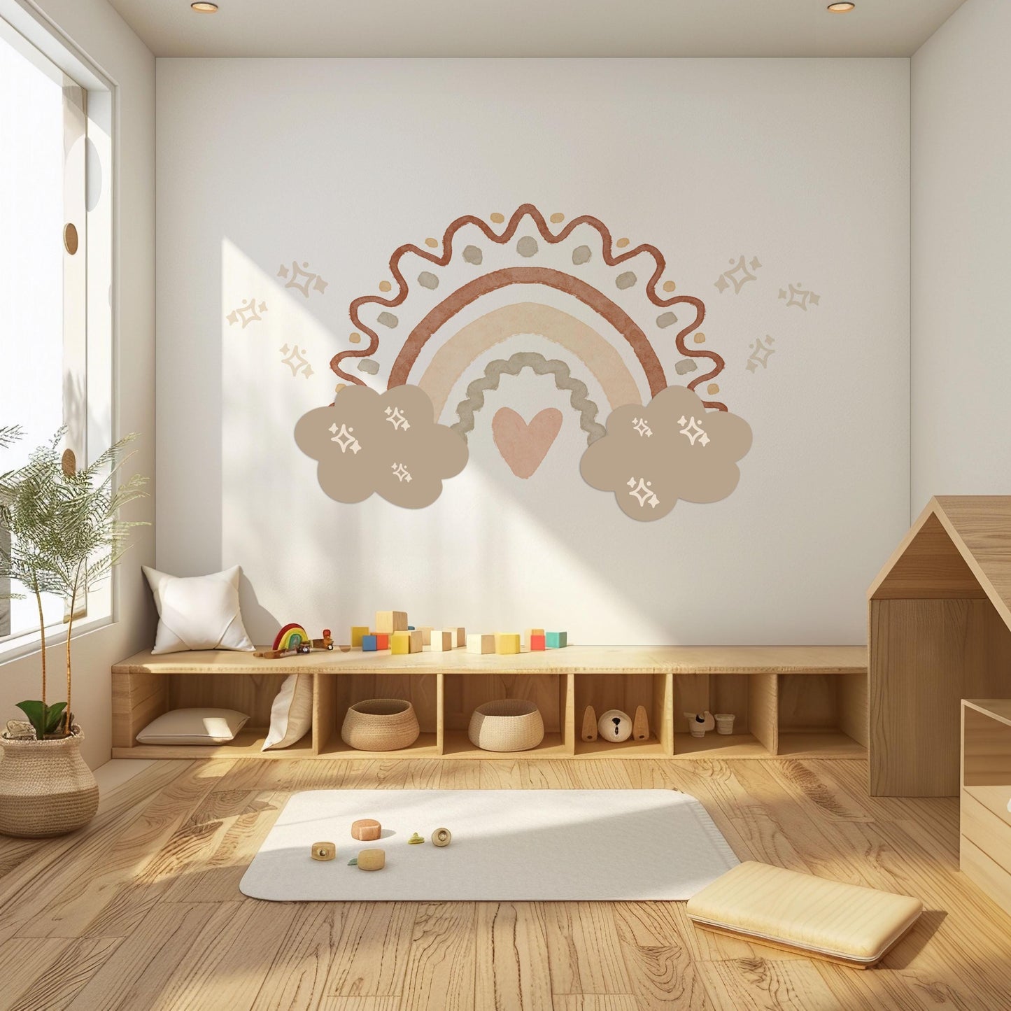 Boho Rainbow Wall Stickers Neutral Nursery Decals | Beige Rainbow Nursery Wall Decor | Cloud & Sparkle Peel And Stick Decals