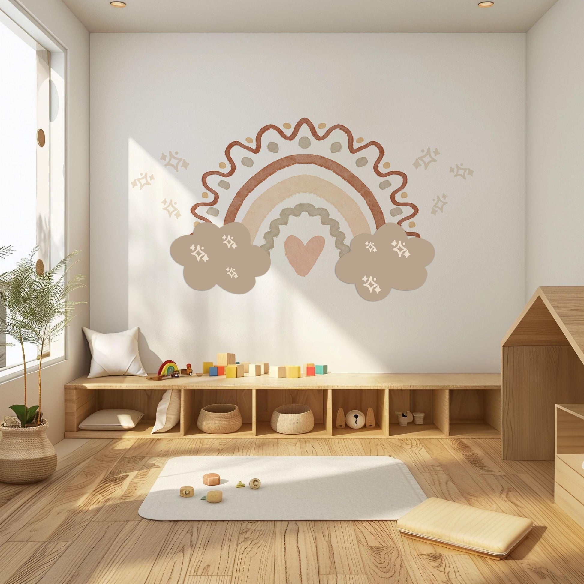 Boho Rainbow Wall Stickers Neutral Nursery Decals | Beige Rainbow Nursery Wall Decor | Cloud & Sparkle Peel And Stick Decals