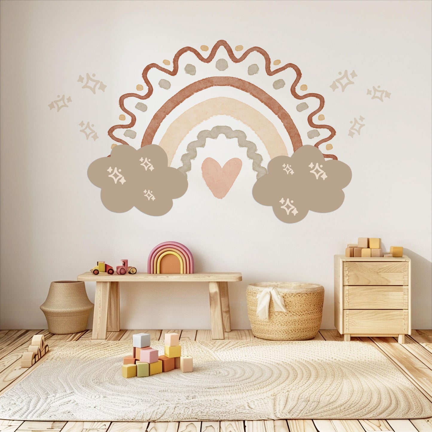 Boho Rainbow Wall Stickers Neutral Nursery Decals | Beige Rainbow Nursery Wall Decor | Cloud & Sparkle Peel And Stick Decals
