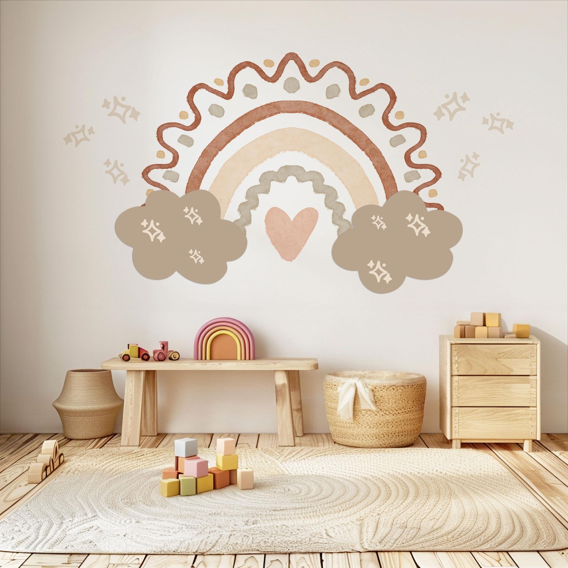 Boho Rainbow Wall Stickers Neutral Nursery Decals | Beige Rainbow Nursery Wall Decor | Cloud & Sparkle Peel And Stick Decals