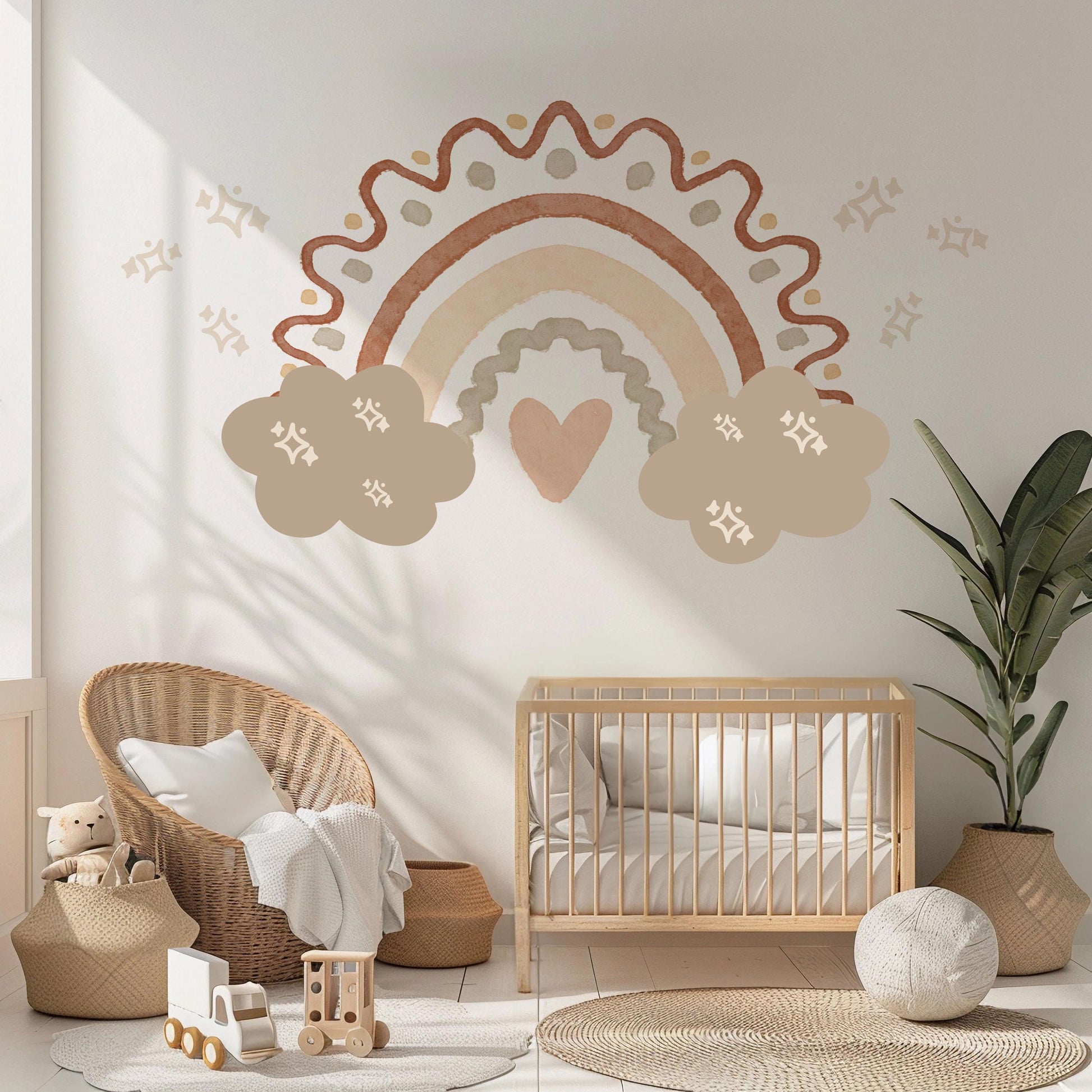 Boho Rainbow Wall Stickers Neutral Nursery Decals | Beige Rainbow Nursery Wall Decor | Cloud & Sparkle Peel And Stick Decals