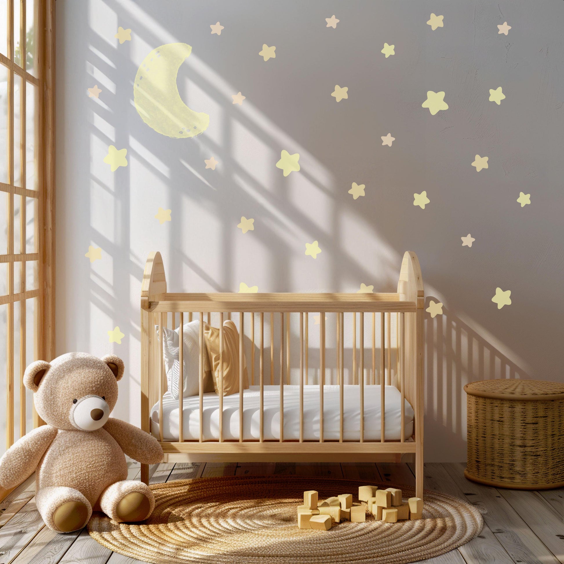 Moon And Stars Wall Stickers Neutral Nursery Decals | Glow Style Moon Nursery Decor | Beige Celestial Baby Room Wall Art