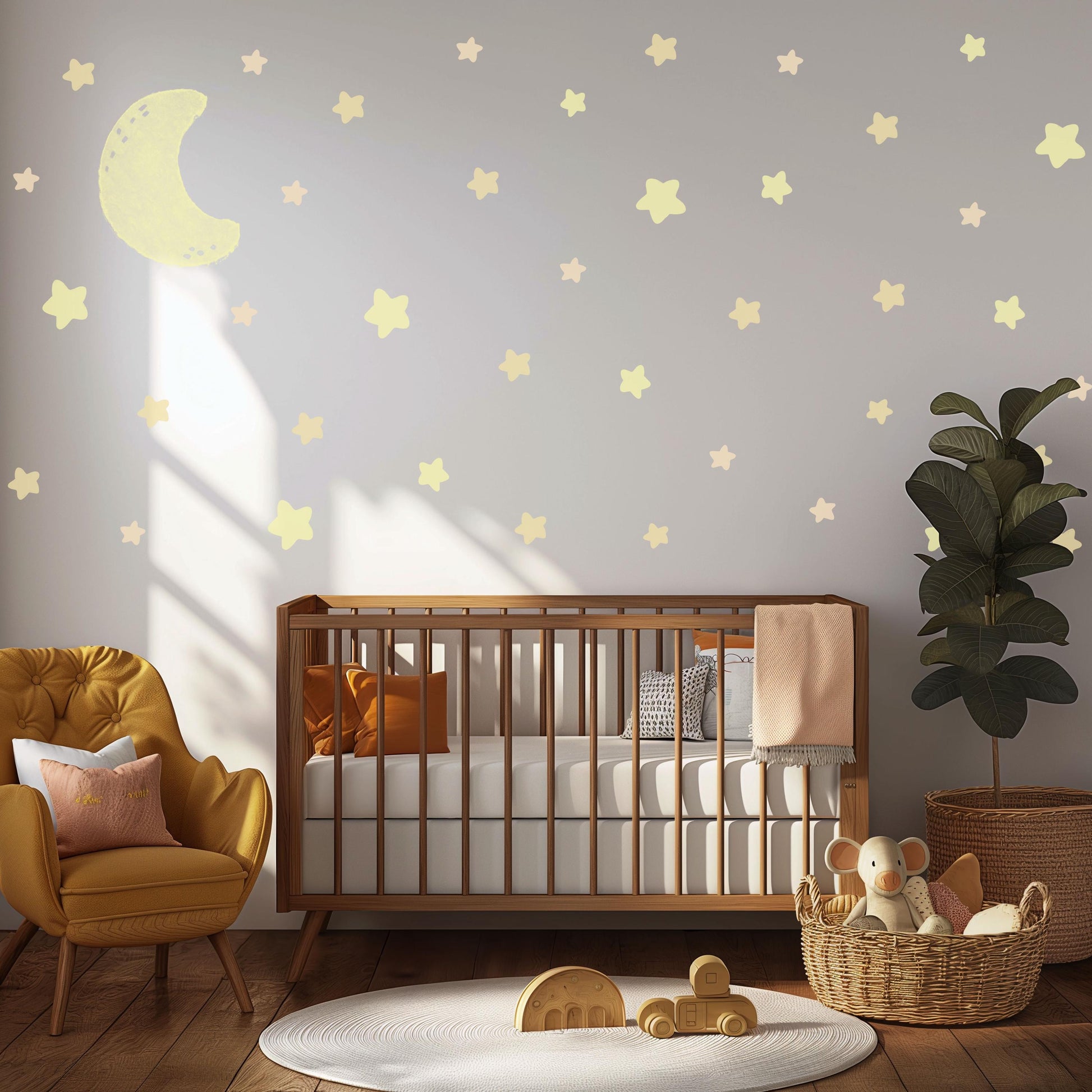 Moon And Stars Wall Stickers Neutral Nursery Decals | Glow Style Moon Nursery Decor | Beige Celestial Baby Room Wall Art