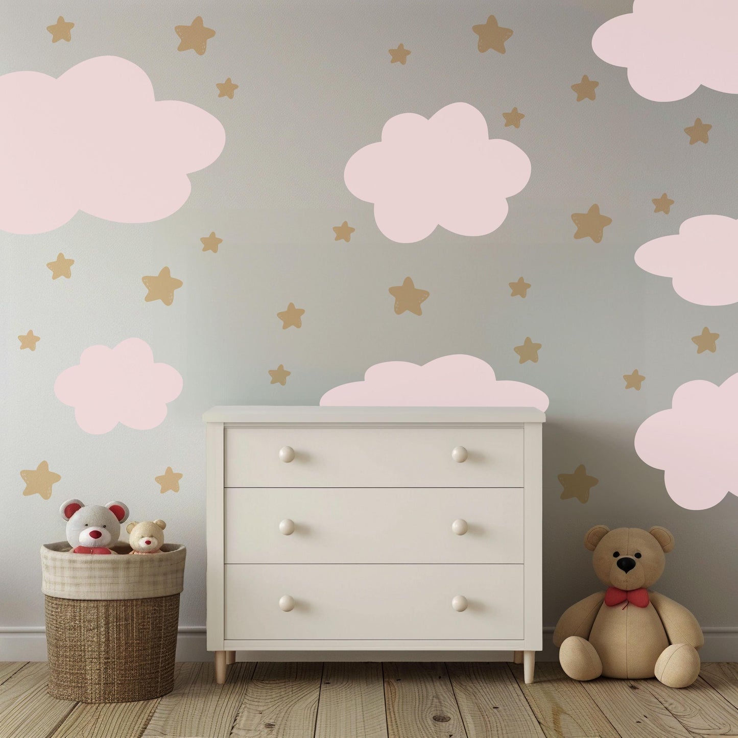 Pink Cloud Wall Stickers Nursery Decals | Neutral Star Nursery Wall Decor | Boho Baby Girl Peel And Stick Wall Decals