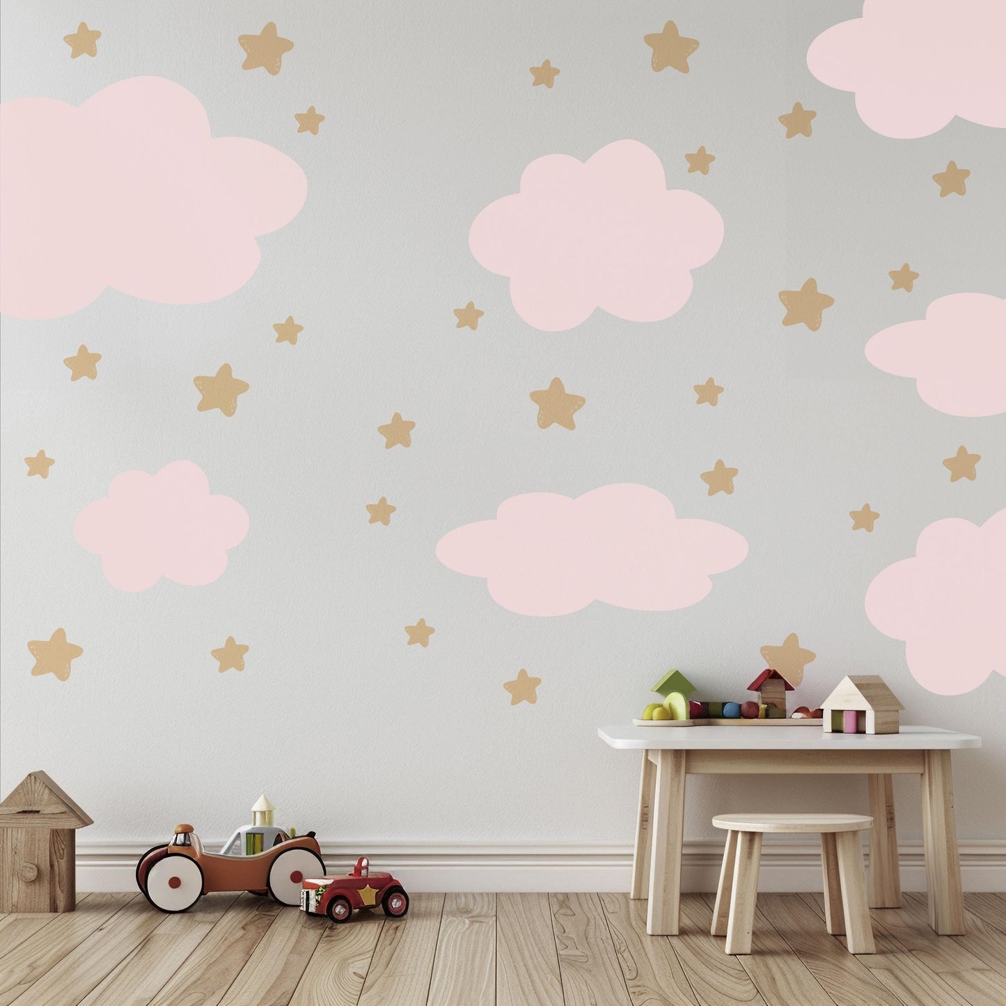 Pink Cloud Wall Stickers Nursery Decals | Neutral Star Nursery Wall Decor | Boho Baby Girl Peel And Stick Wall Decals