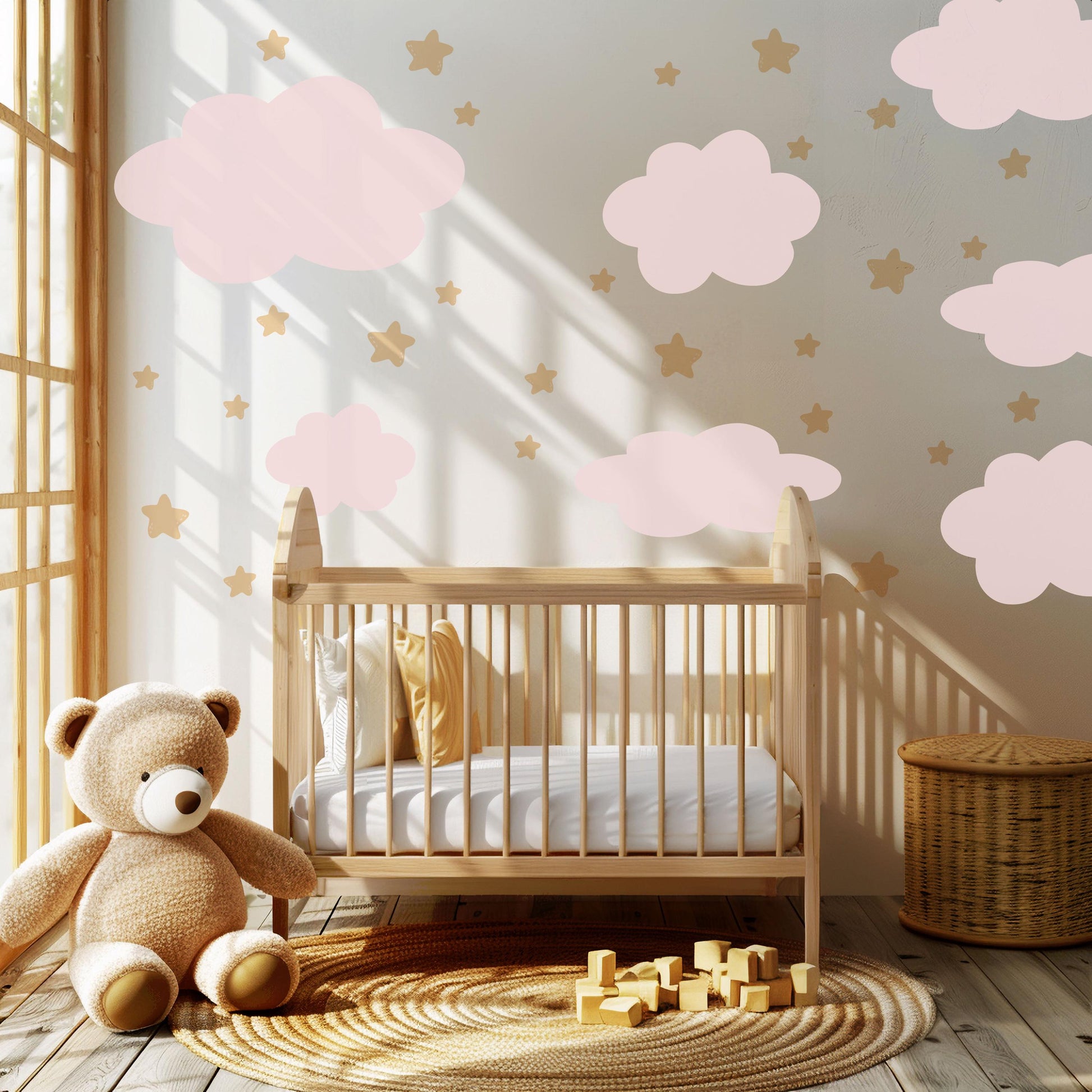Pink Cloud Wall Stickers Nursery Decals | Neutral Star Nursery Wall Decor | Boho Baby Girl Peel And Stick Wall Decals