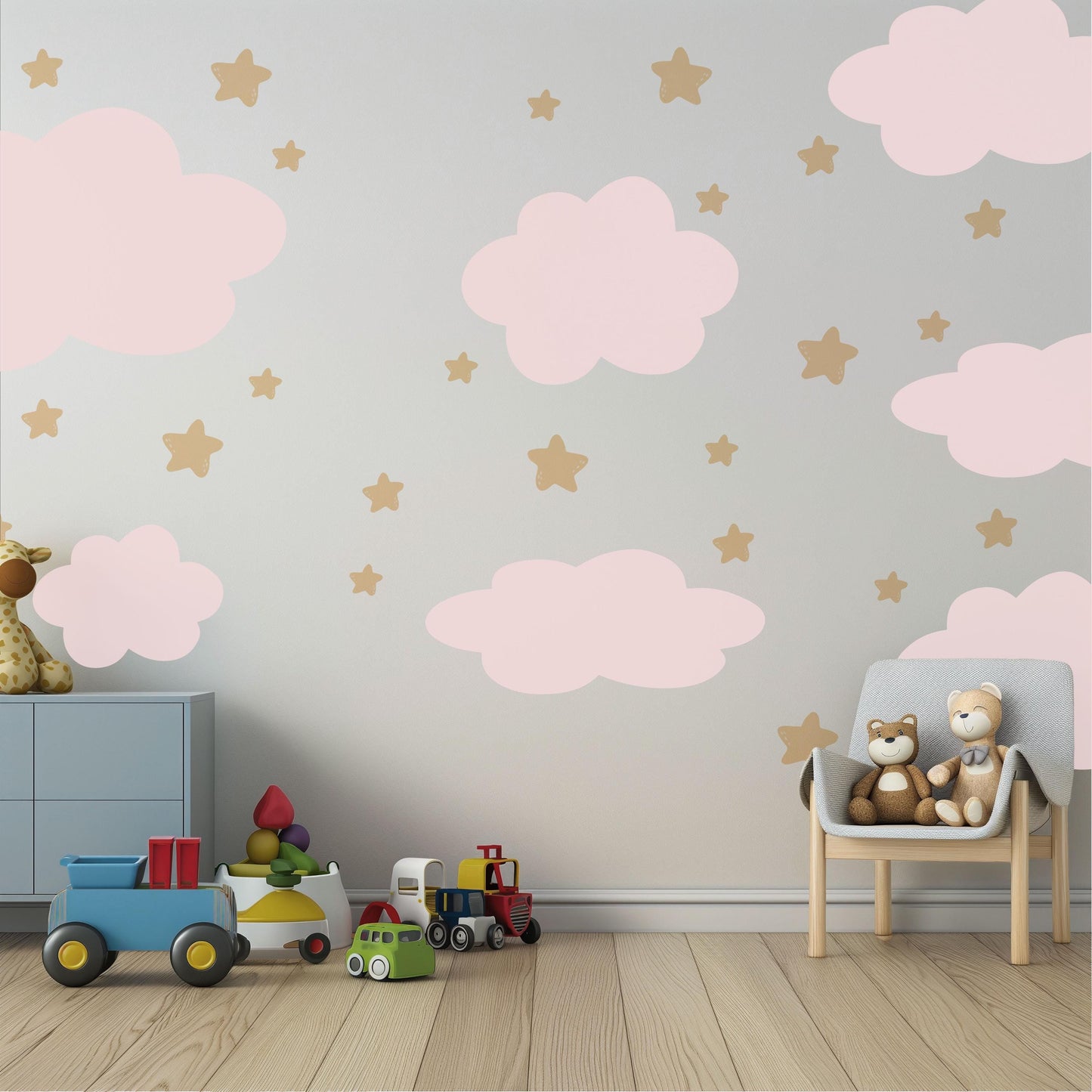 Pink Cloud Wall Stickers Nursery Decals | Neutral Star Nursery Wall Decor | Boho Baby Girl Peel And Stick Wall Decals
