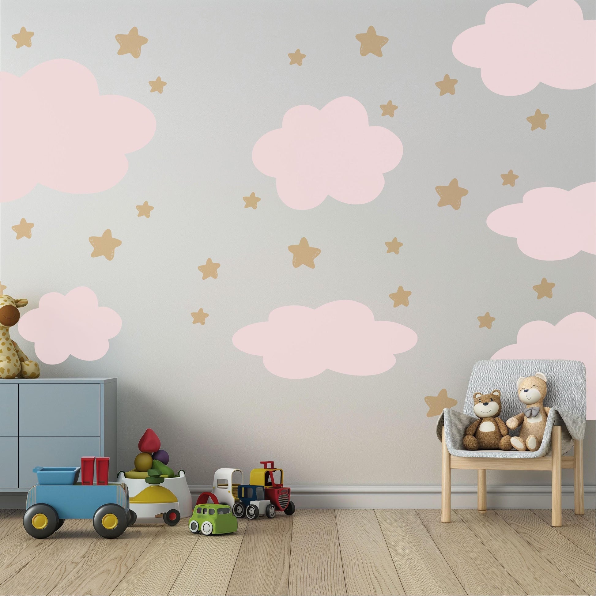 Pink Cloud Wall Stickers Nursery Decals | Neutral Star Nursery Wall Decor | Boho Baby Girl Peel And Stick Wall Decals