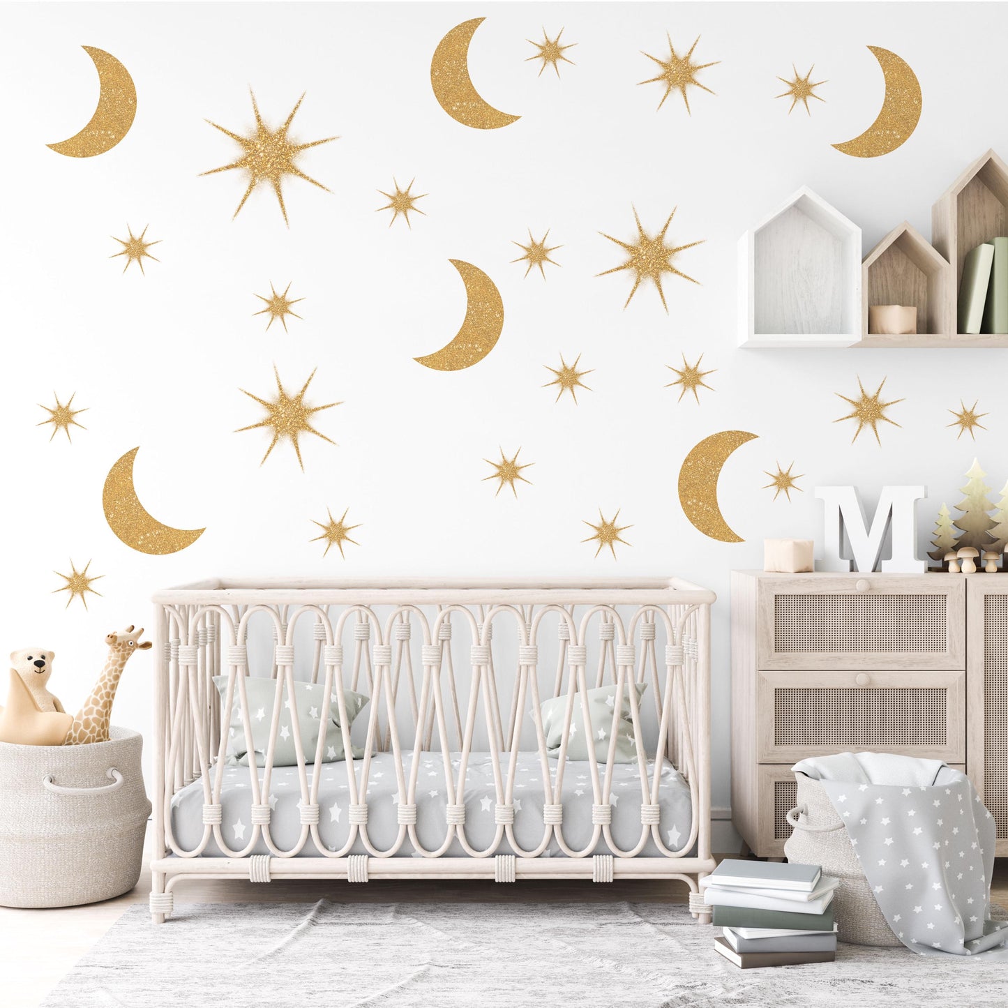 Gold Moon And Stars Wall Stickers Celestial Nursery Decor Moon Wall Decals Star Nursery Stickers Kids Bedroom Decor