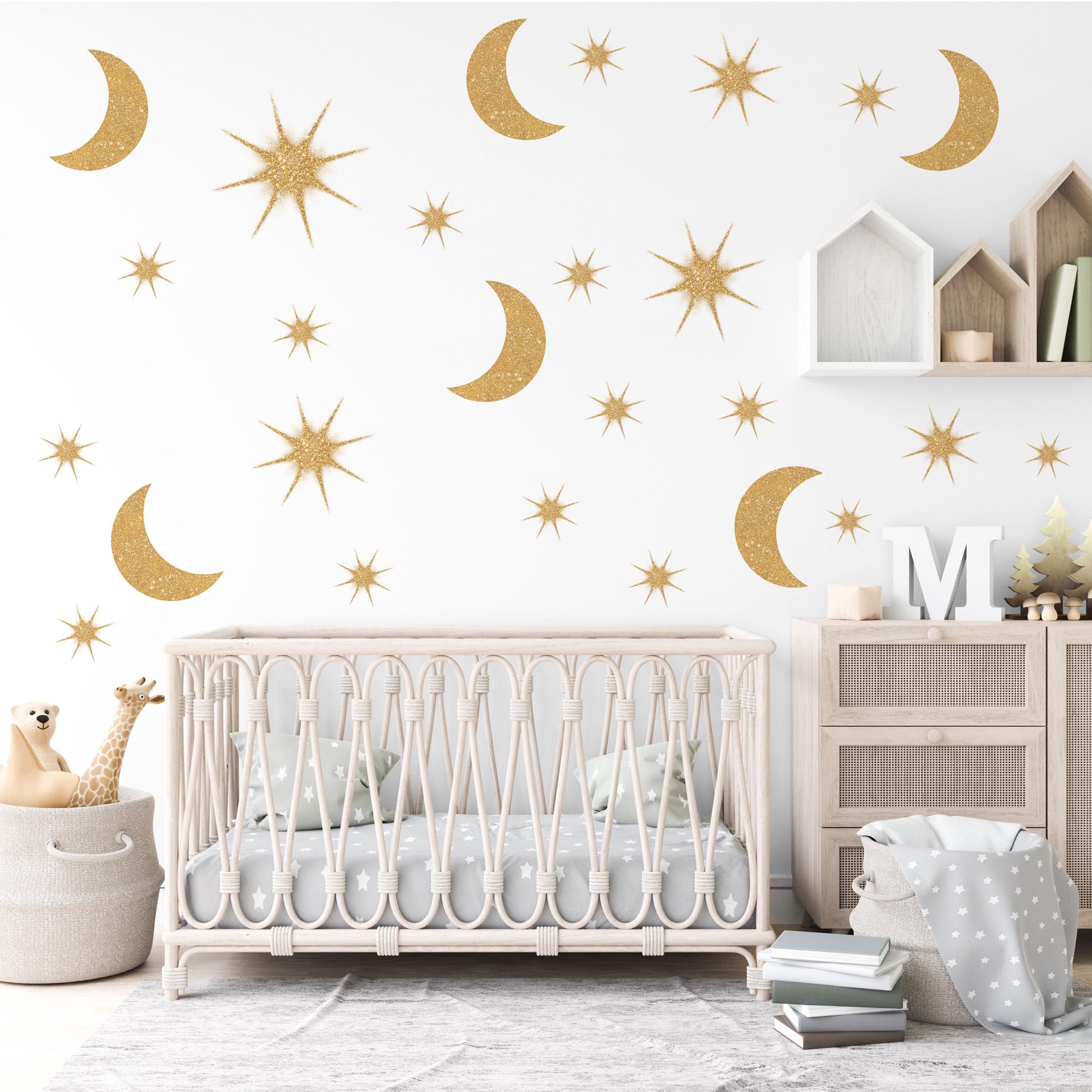 Gold Moon And Stars Wall Stickers Celestial Nursery Decor Moon Wall Decals Star Nursery Stickers Kids Bedroom Decor