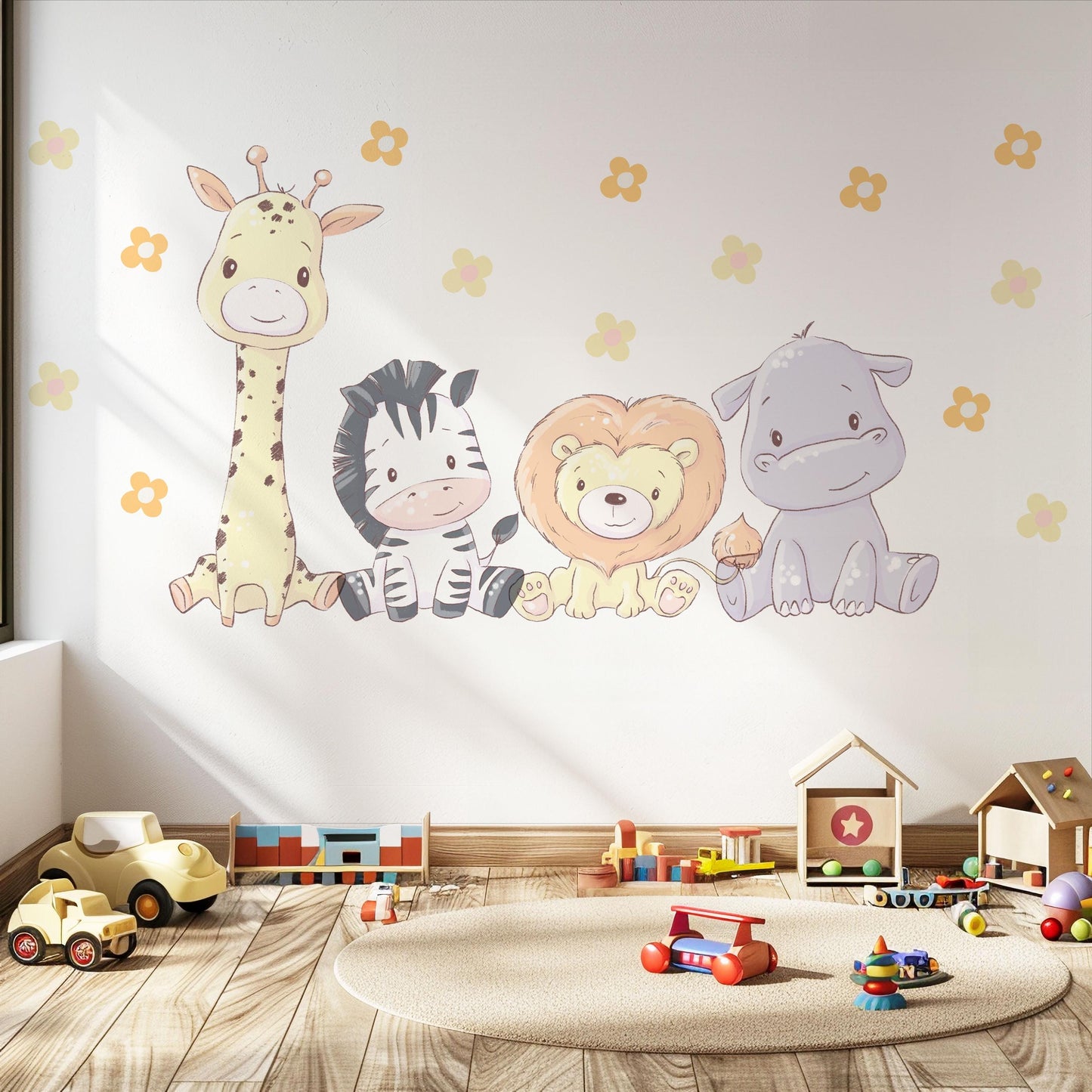 Safari Animal Wall Stickers Nursery Decor, Giraffe Zebra Lion Hippo Wall Decals, Jungle Nursery Wall Art, Peel And Stick Kids Room Decor
