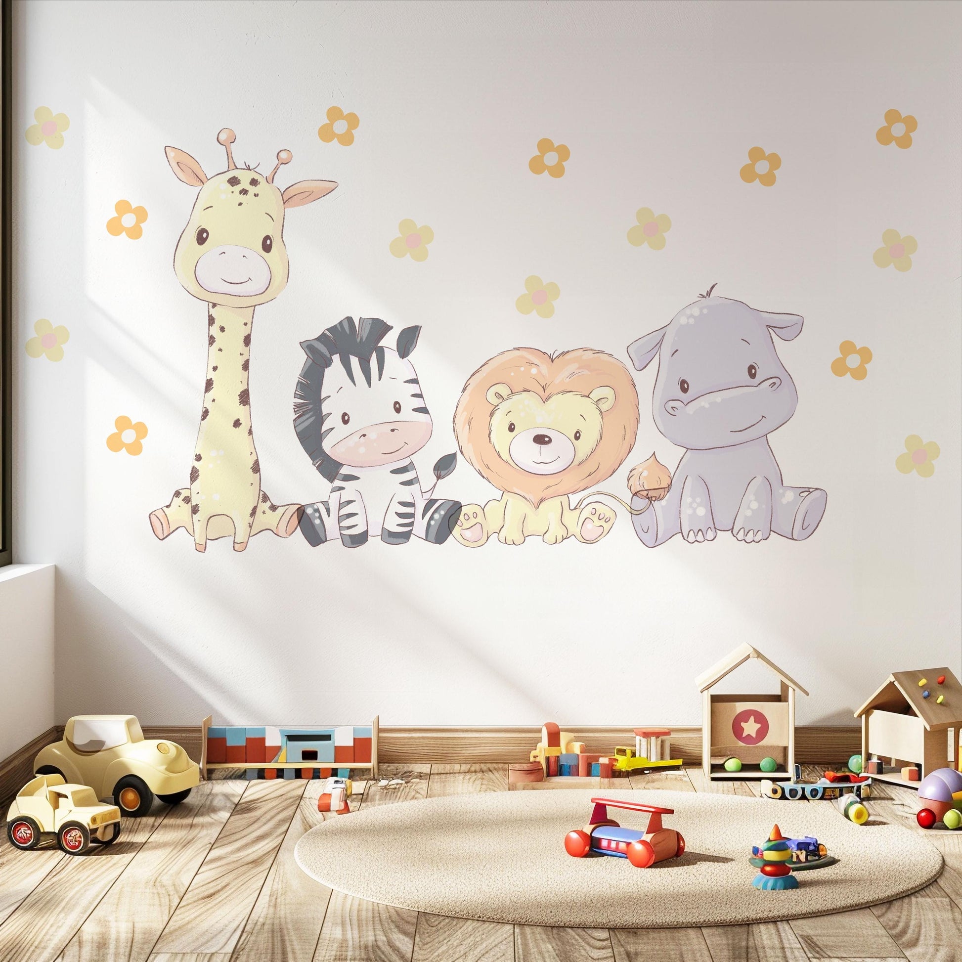 Safari Animal Wall Stickers Nursery Decor, Giraffe Zebra Lion Hippo Wall Decals, Jungle Nursery Wall Art, Peel And Stick Kids Room Decor