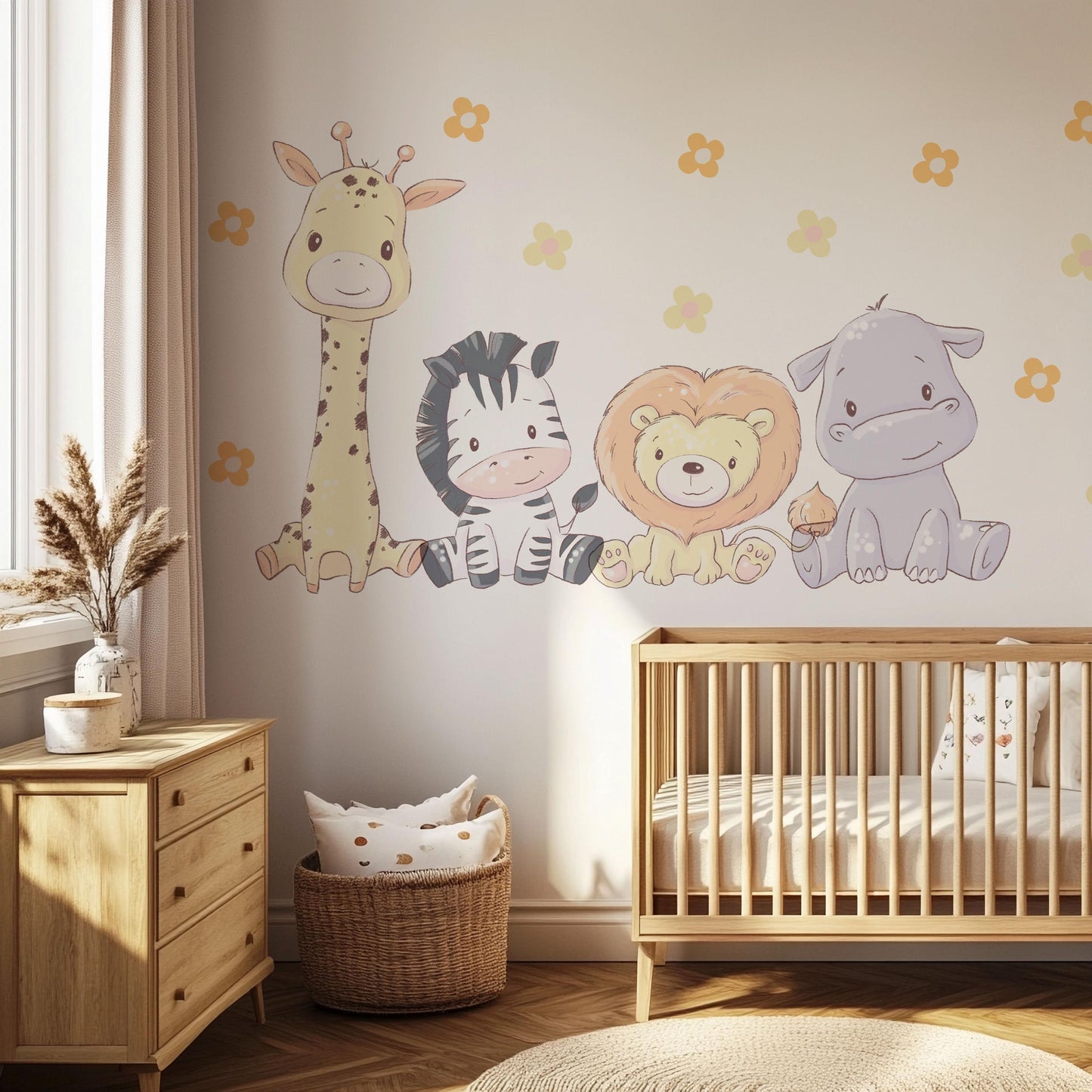 Safari Animal Wall Stickers Nursery Decor, Giraffe Zebra Lion Hippo Wall Decals, Jungle Nursery Wall Art, Peel And Stick Kids Room Decor