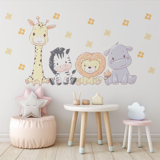 Safari Animal Wall Stickers Nursery Decor, Giraffe Zebra Lion Hippo Wall Decals, Jungle Nursery Wall Art, Peel And Stick Kids Room Decor