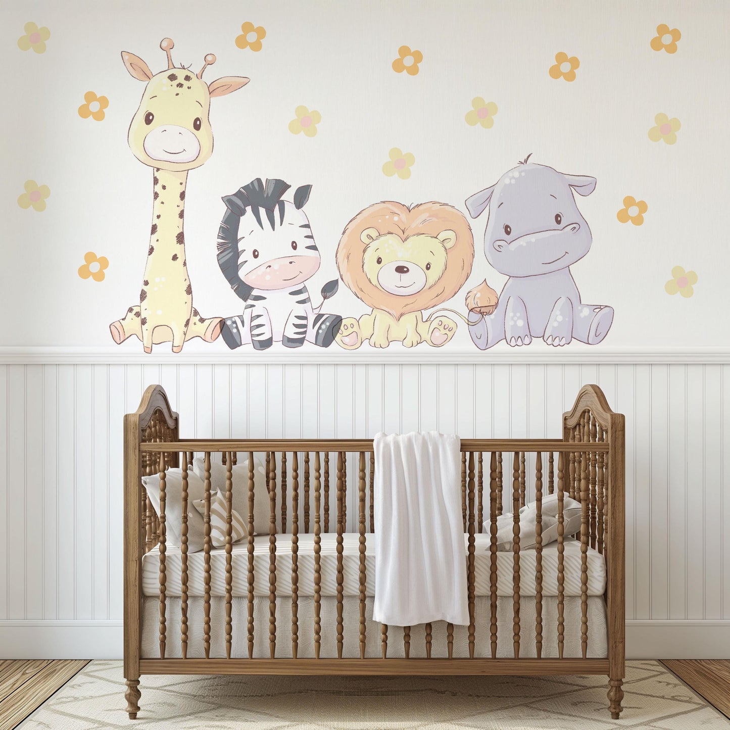 Safari Animal Wall Stickers Nursery Decor, Giraffe Zebra Lion Hippo Wall Decals, Jungle Nursery Wall Art, Peel And Stick Kids Room Decor
