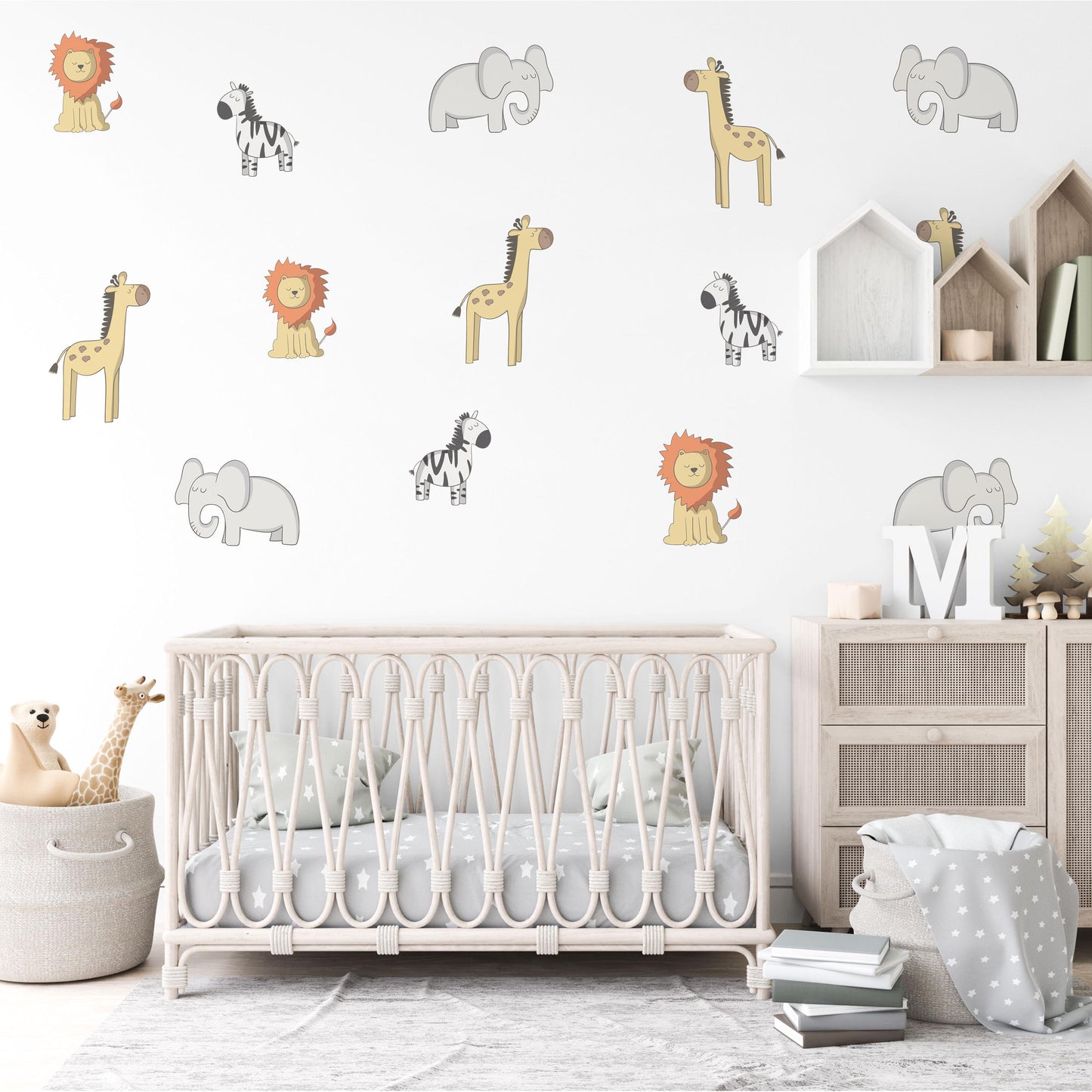 Safari Animal Wall Stickers, Lion Zebra Giraffe Elephant Wall Decals, Jungle Nursery Decor, Baby Safari Wall Art, Kids Bedroom Stickers