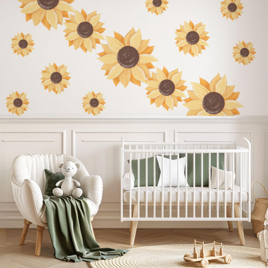 Sunflower Wall Stickers, Sunflower Nursery Decor, Boho Floral Wall Decals, Yellow Flower Wall Art, Peel And Stick Nursery Stickers