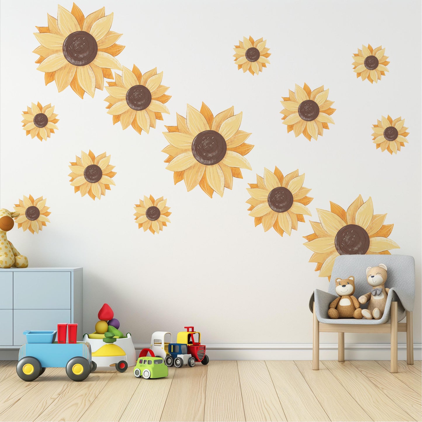 Sunflower Wall Stickers, Sunflower Nursery Decor, Boho Floral Wall Decals, Yellow Flower Wall Art, Peel And Stick Nursery Stickers