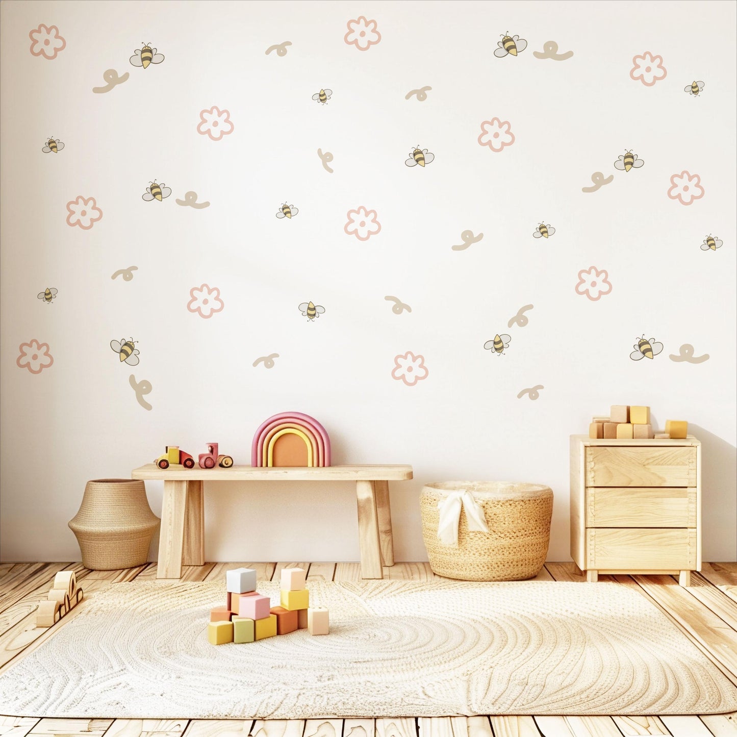 Bee & Daisy Wall Stickers, Neutral Nursery Decor, Boho Flower Wall Decals, Peel And Stick Nursery Stickers, Bumble Bee Bedroom Wall Art