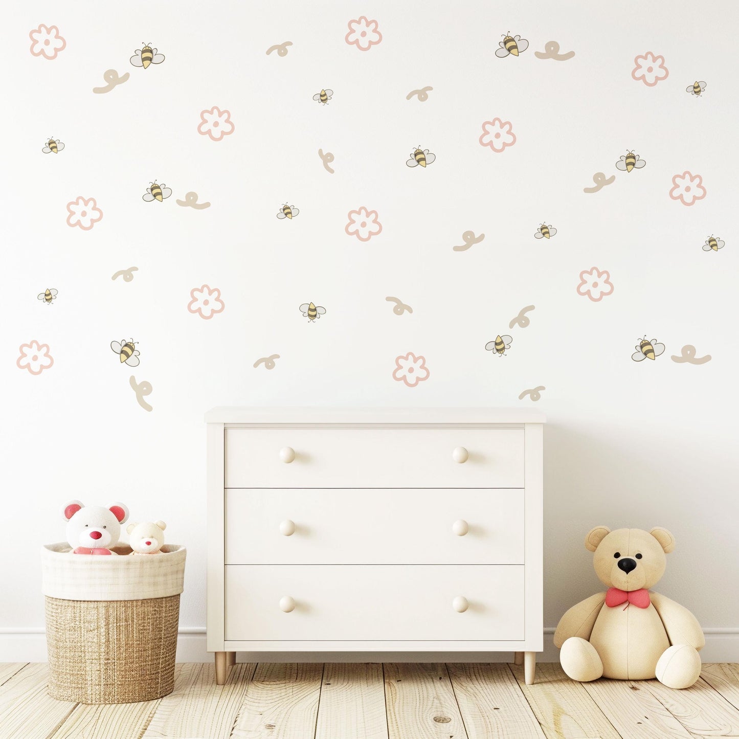 Bee & Daisy Wall Stickers, Neutral Nursery Decor, Boho Flower Wall Decals, Peel And Stick Nursery Stickers, Bumble Bee Bedroom Wall Art