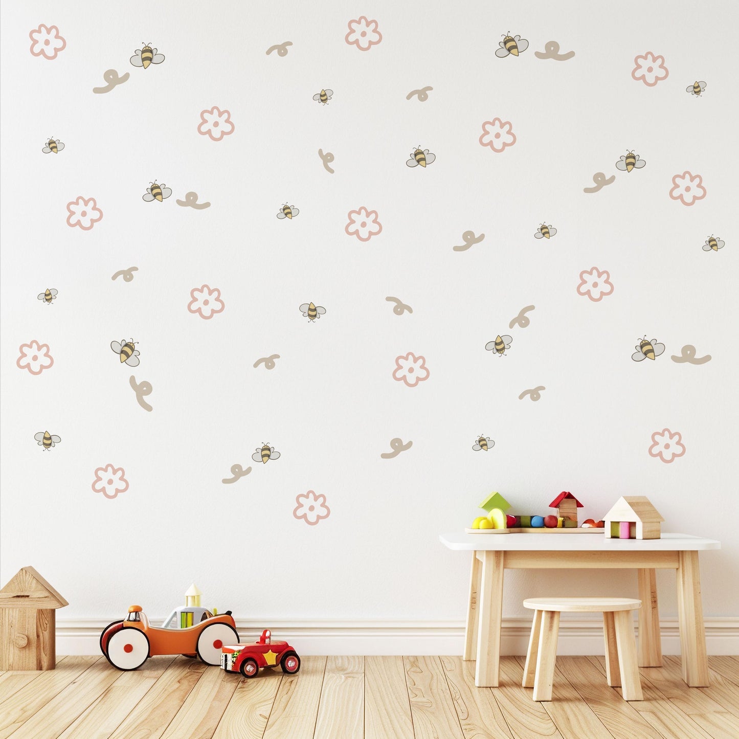 Bee & Daisy Wall Stickers, Neutral Nursery Decor, Boho Flower Wall Decals, Peel And Stick Nursery Stickers, Bumble Bee Bedroom Wall Art