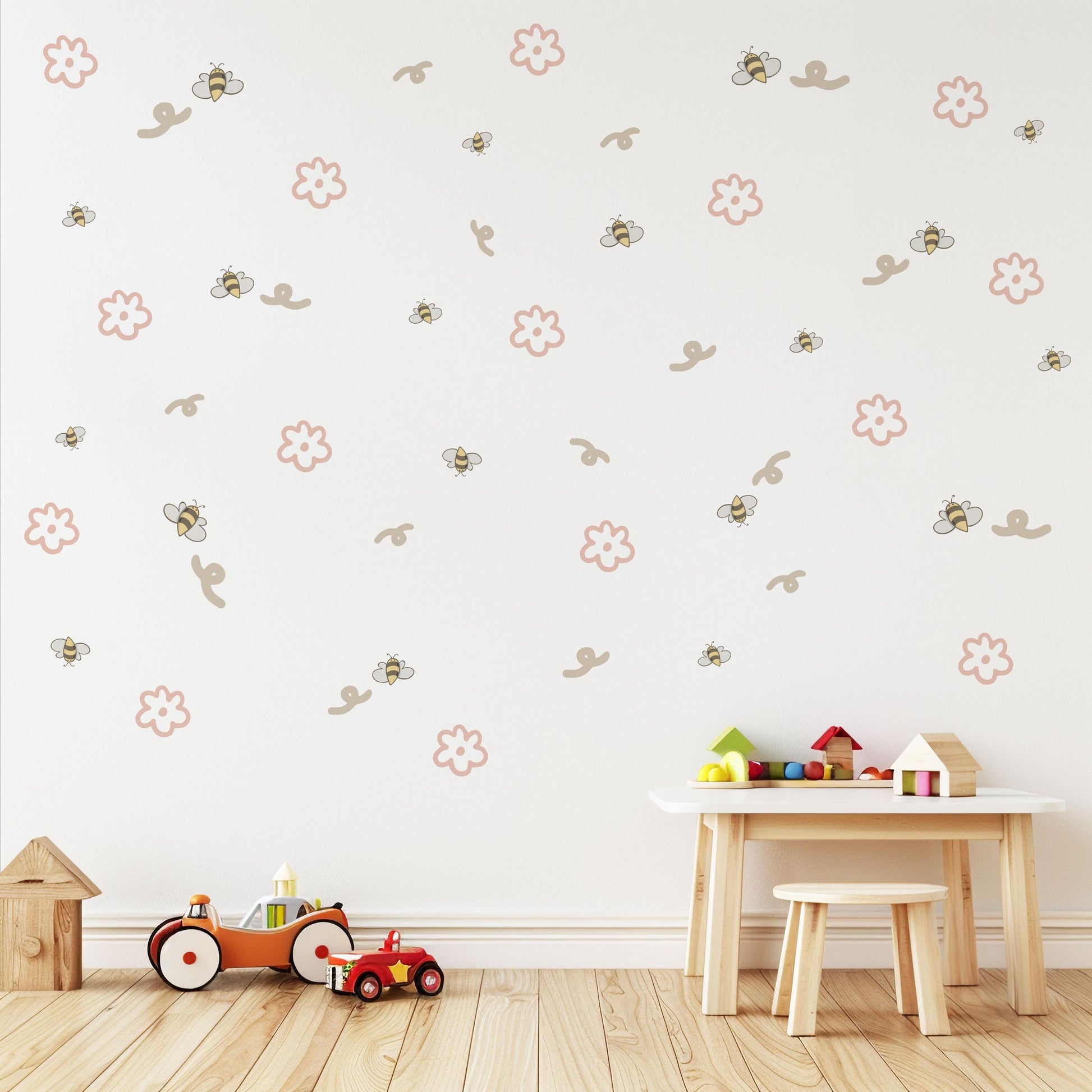 Bee & Daisy Wall Stickers, Neutral Nursery Decor, Boho Flower Wall Decals, Peel And Stick Nursery Stickers, Bumble Bee Bedroom Wall Art