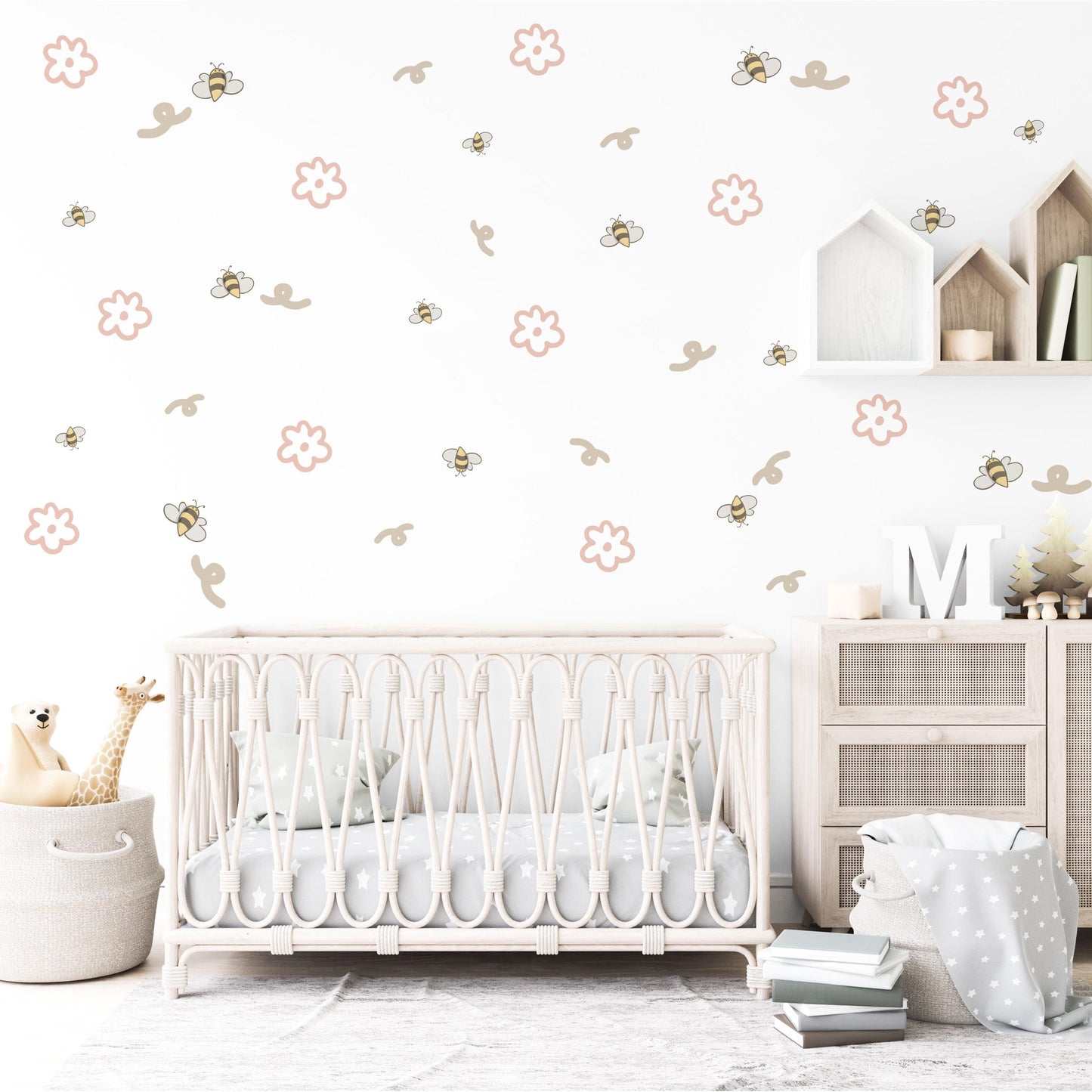 Bee & Daisy Wall Stickers, Neutral Nursery Decor, Boho Flower Wall Decals, Peel And Stick Nursery Stickers, Bumble Bee Bedroom Wall Art
