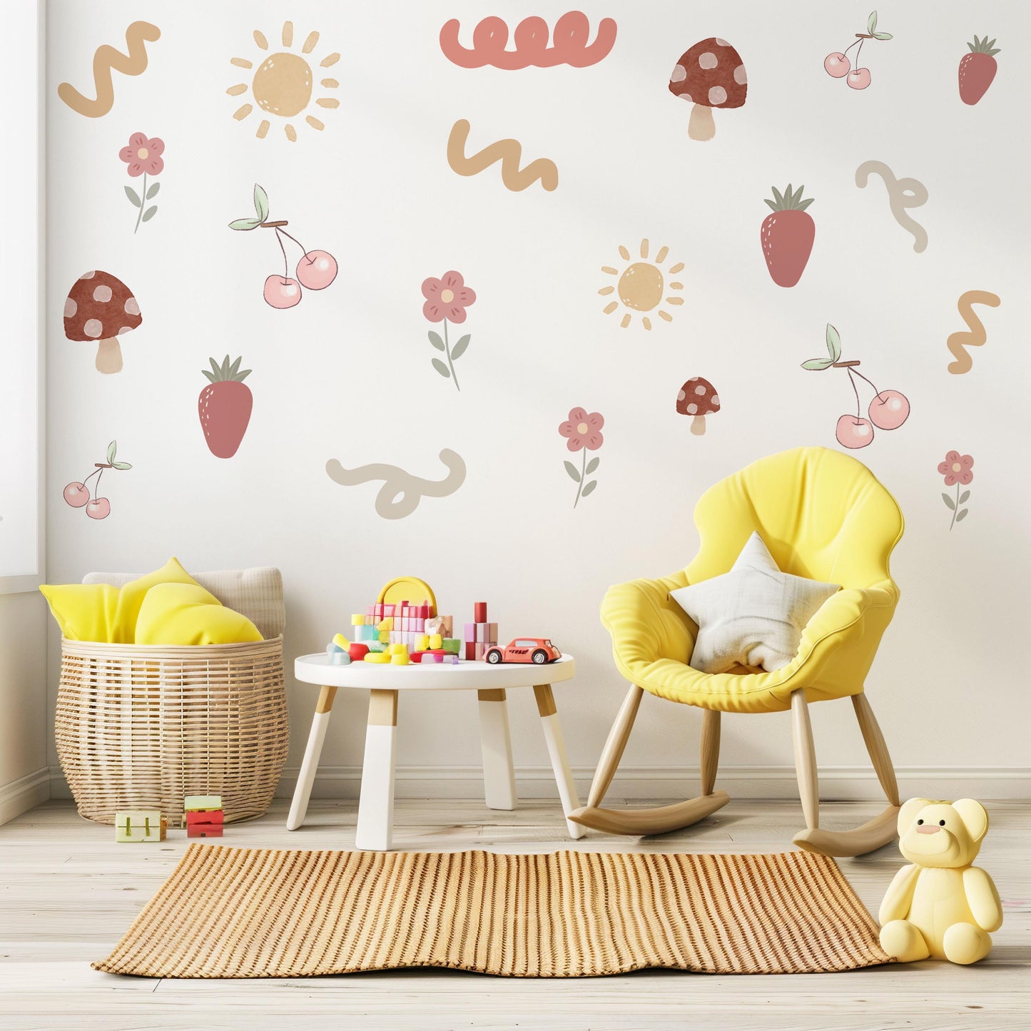 Boho Fruit Wall Stickers Strawberry Cherry Nursery Decals Mushroom Flower Wall Decor Cottagecore Nursery Decor, Peel And Stick Wall Stickers